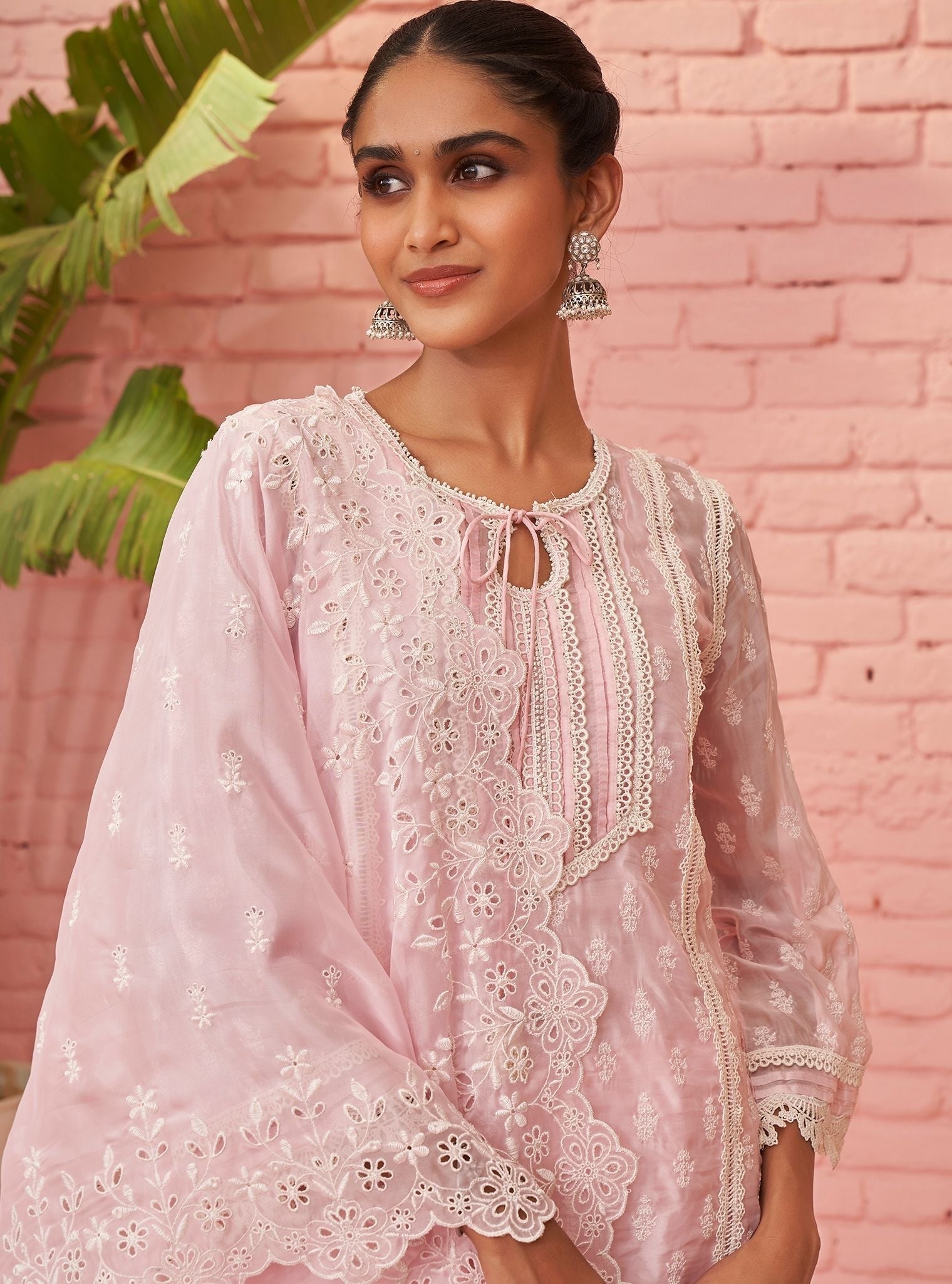 Mulmul Organza Aarina Pink Kurta With Mulmul Cotton Aarina Pink Pant