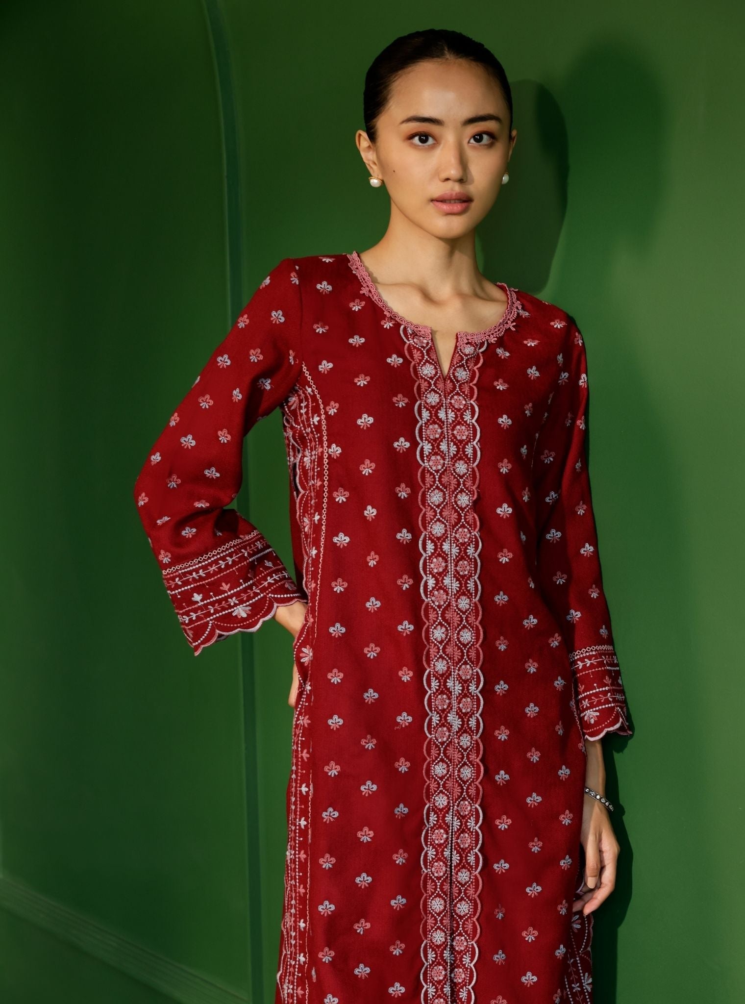 Mulmul Wool Tate Wine Kurta With Mulmul Wool Tate Wine Pant