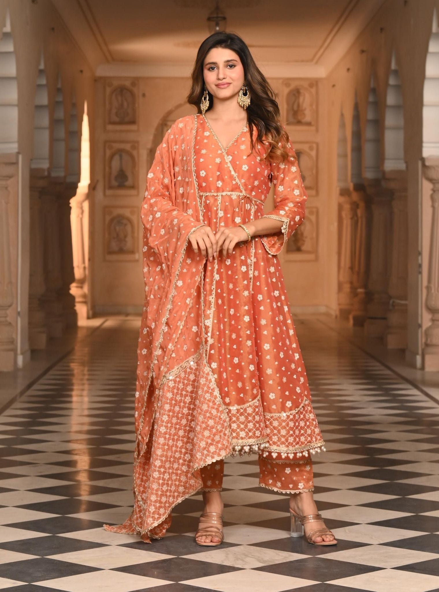 Mulmul Luxe Tissue Majhi Burnt Orange Anarkali Kurta with Mulmul Modal Satin Majhi Burnt Orange Pant