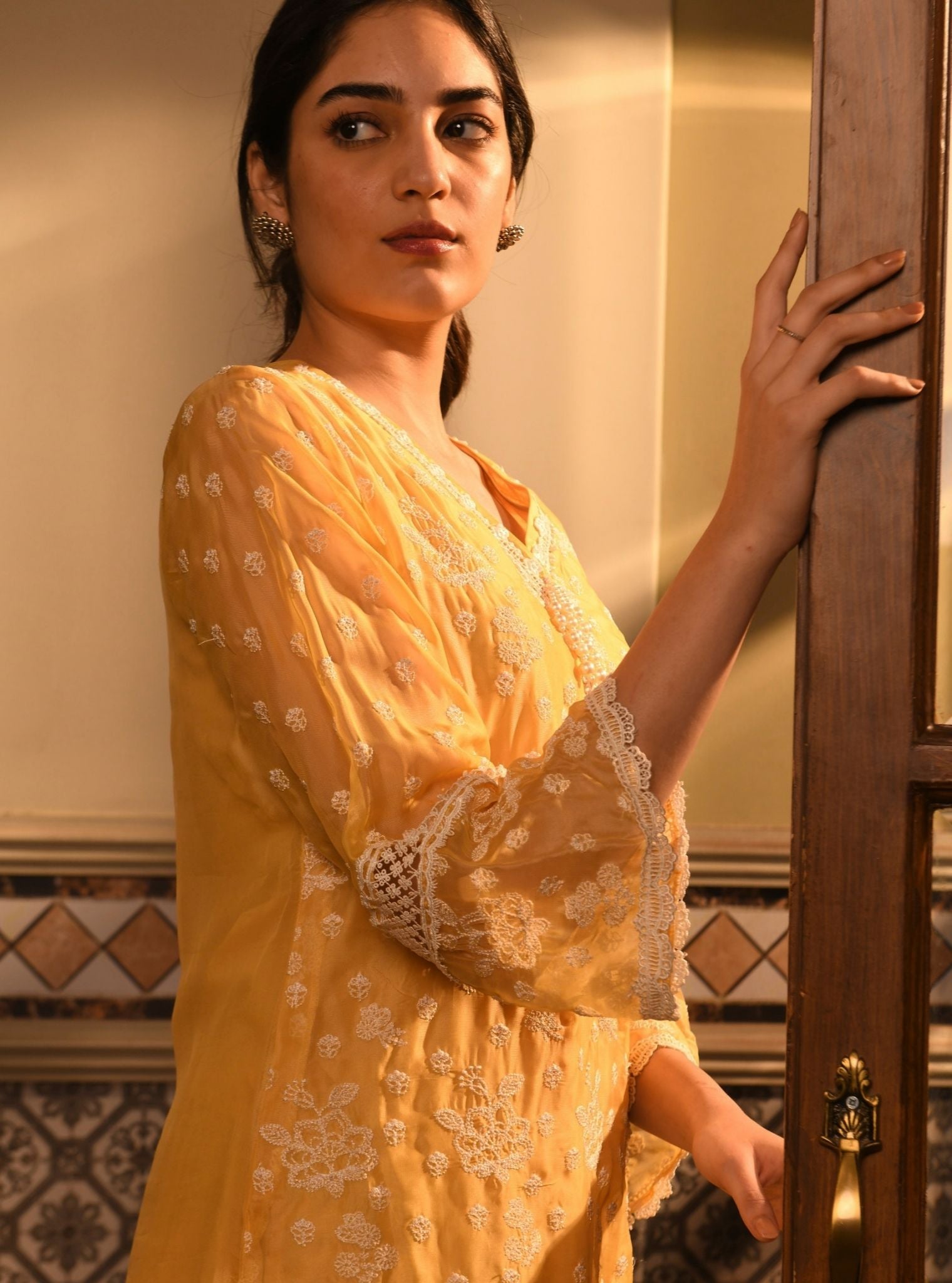 Mulmul Organza Aylin Yellow Kurta With Mulmul Cotton Aylin Yellow Dhoti Pant