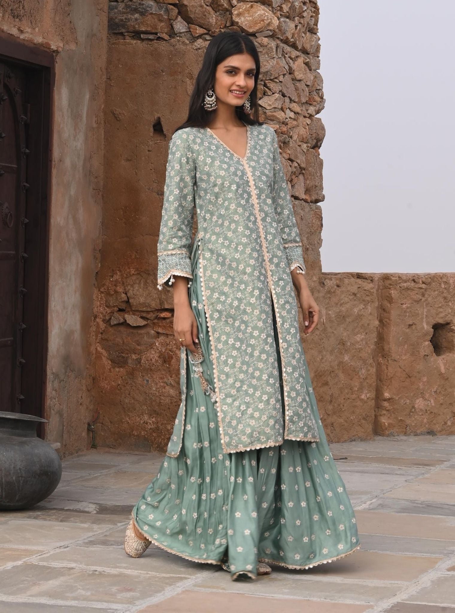 Mulmul Luxe Tissue Satin Maaeri Teal Blue Kurta with Mulmul Modal Satin Maaeri Teal Blue Skirt