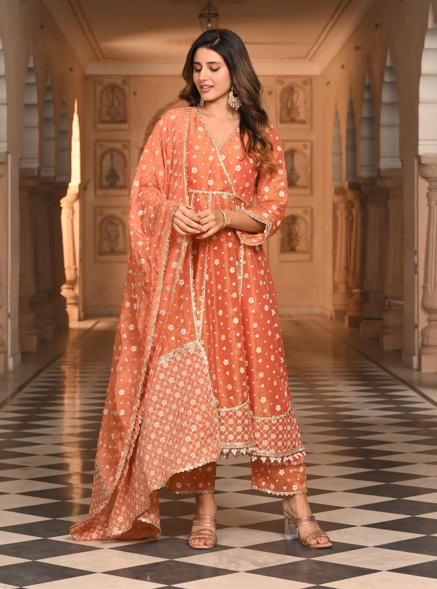 Mulmul Luxe Tissue Majhi Burnt Orange Anarkali Kurta with Mulmul Modal Satin Majhi Burnt Orange Pant