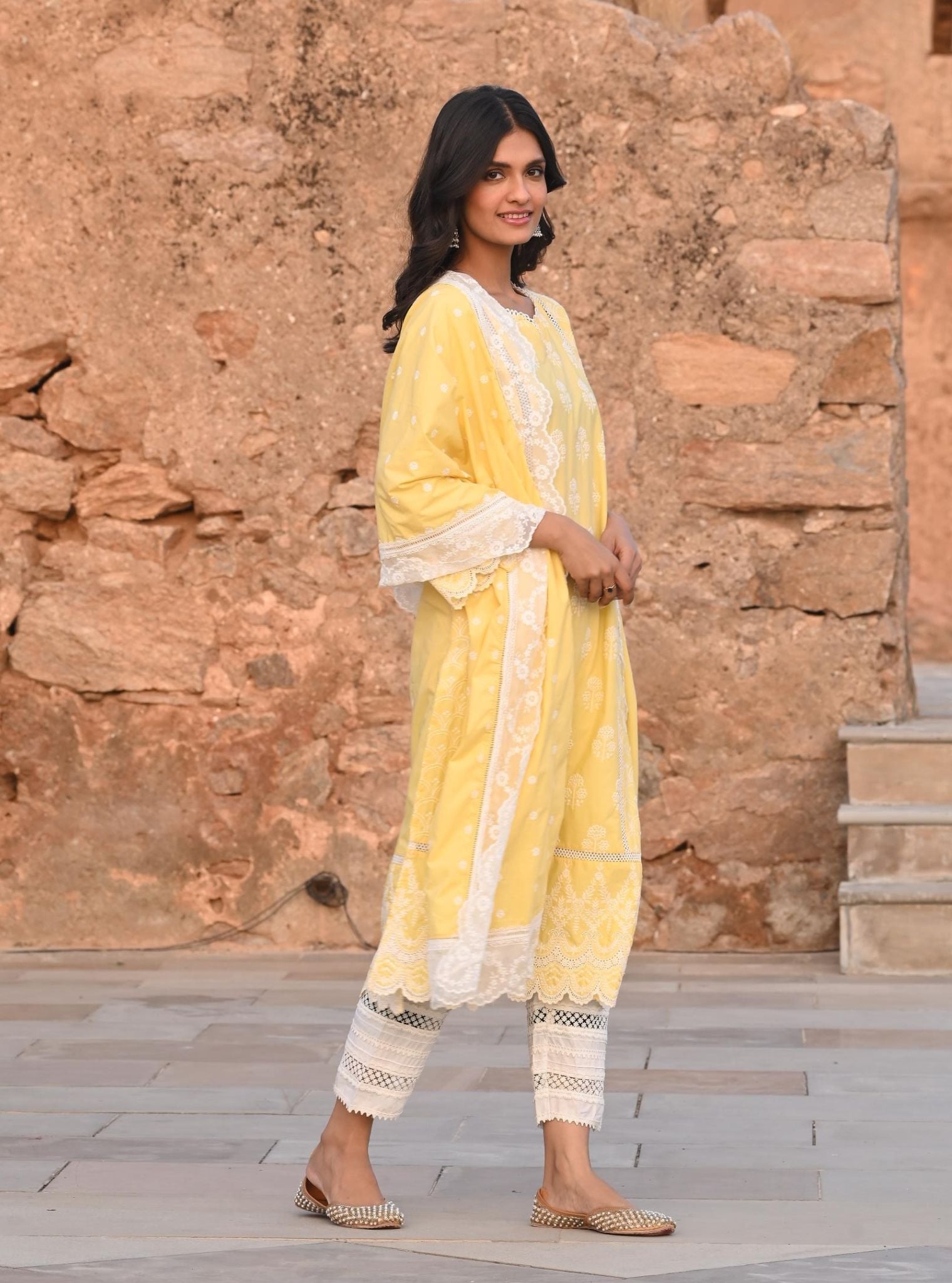 Mulmul Supima Satin Blair Yellow Kurta With Multi Lace Slim White Pant