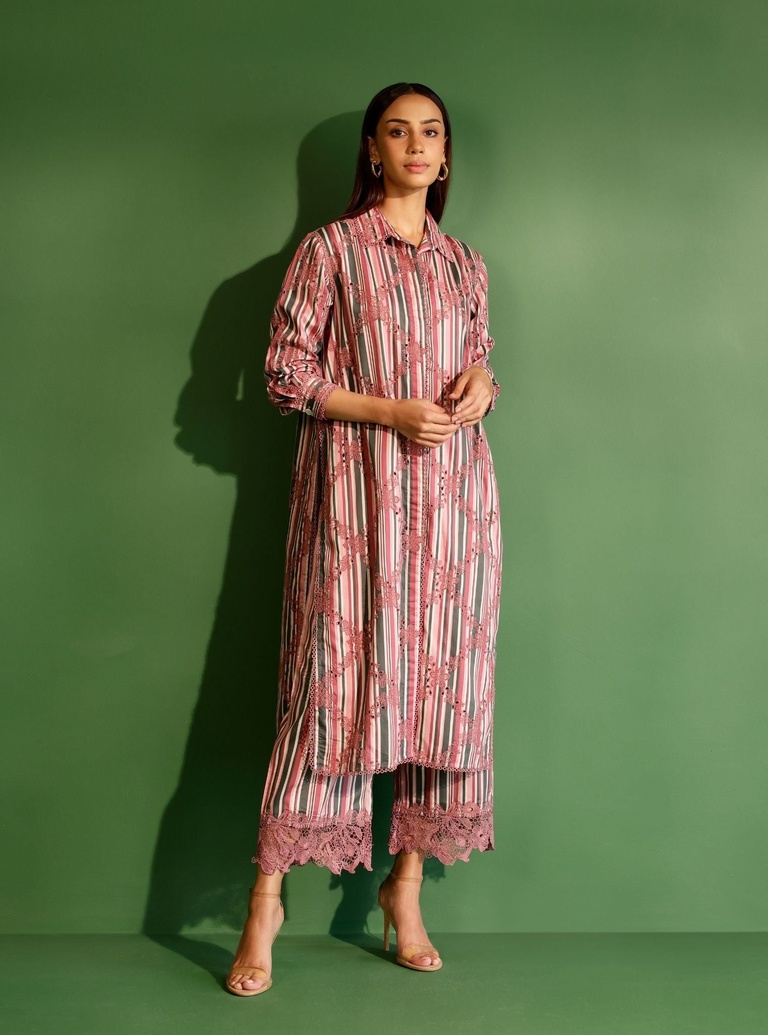 Mulmul Pima Satin Stripe Joy Wine Kurta With Mulmul Pima Satin Stripe Joy Wine Pant