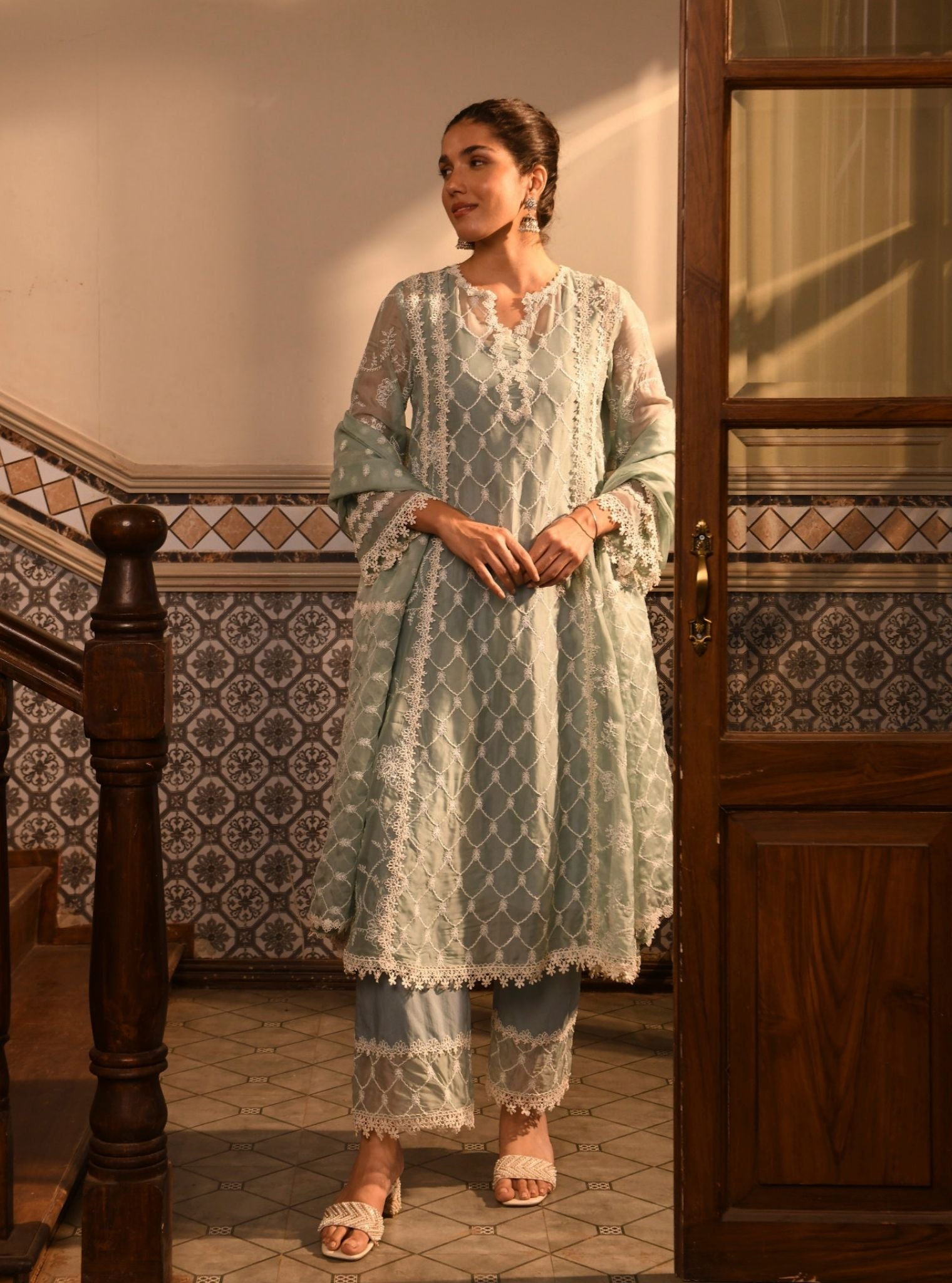 Mulmul Organza Barsin Teal Blue Anarkali Kurta With Mulmul Cotton Barsin Teal Blue Pant