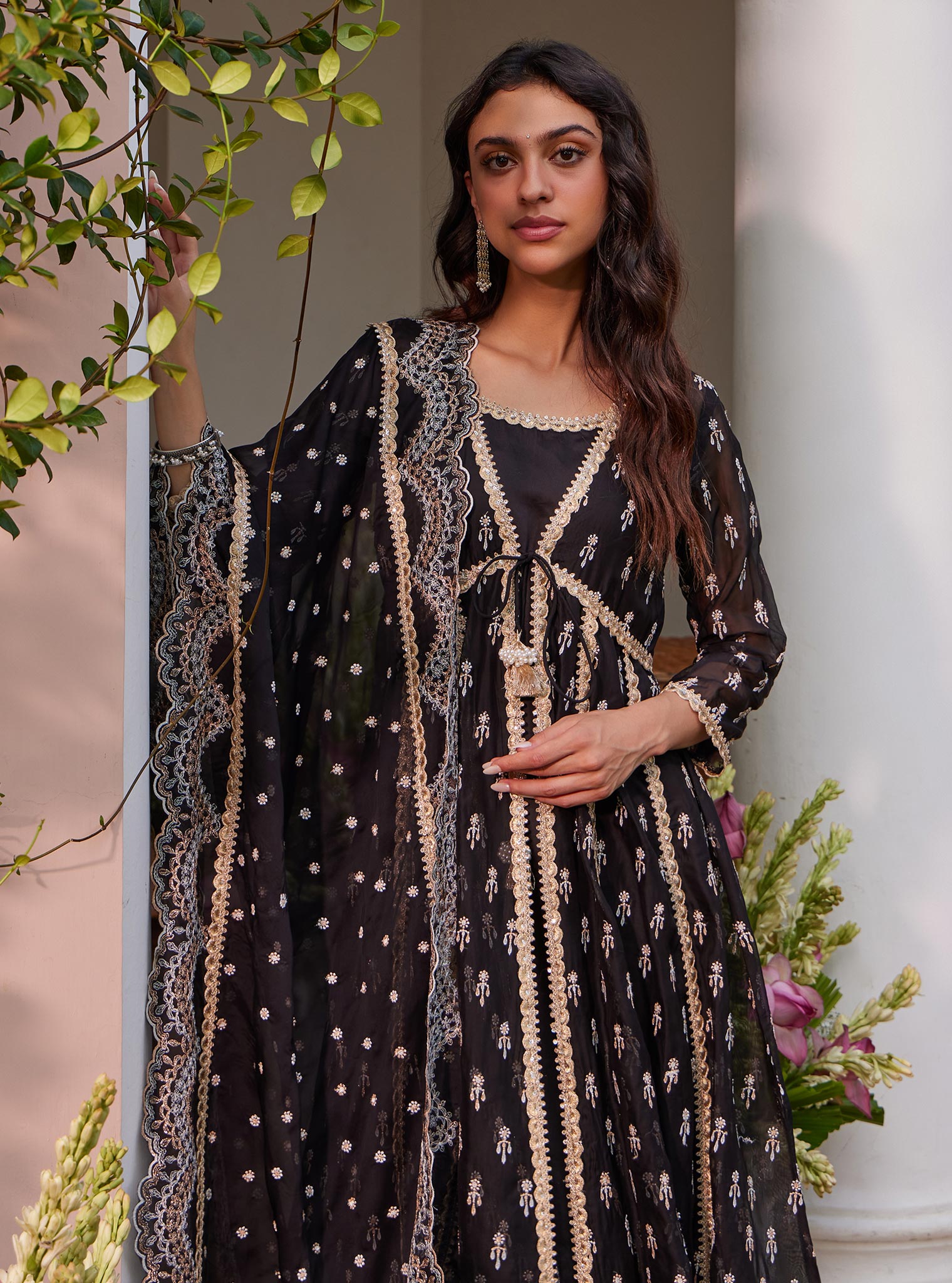 Mulmul Organza Samici Black Anarkali Kurta With Mulmul Pima Samici Black Pant