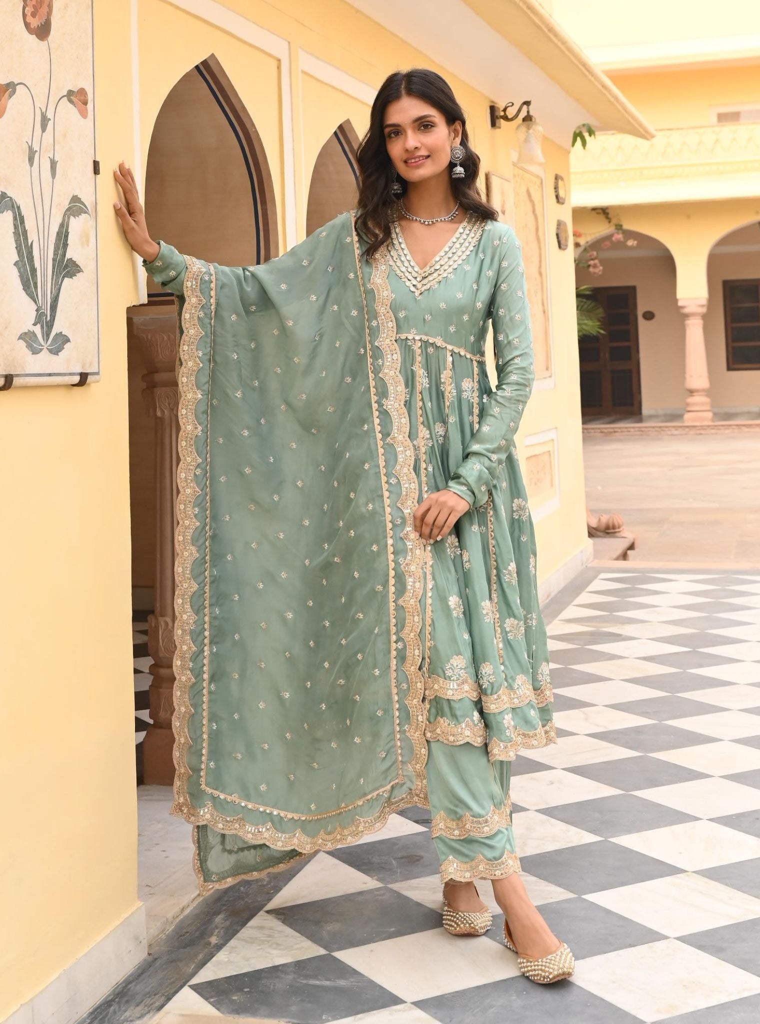 Mulmul Organza Satin Tareefan Teal Blue Anarkali Kurta with Mulmul Modal Satin Tareefan Teal Blue Pant