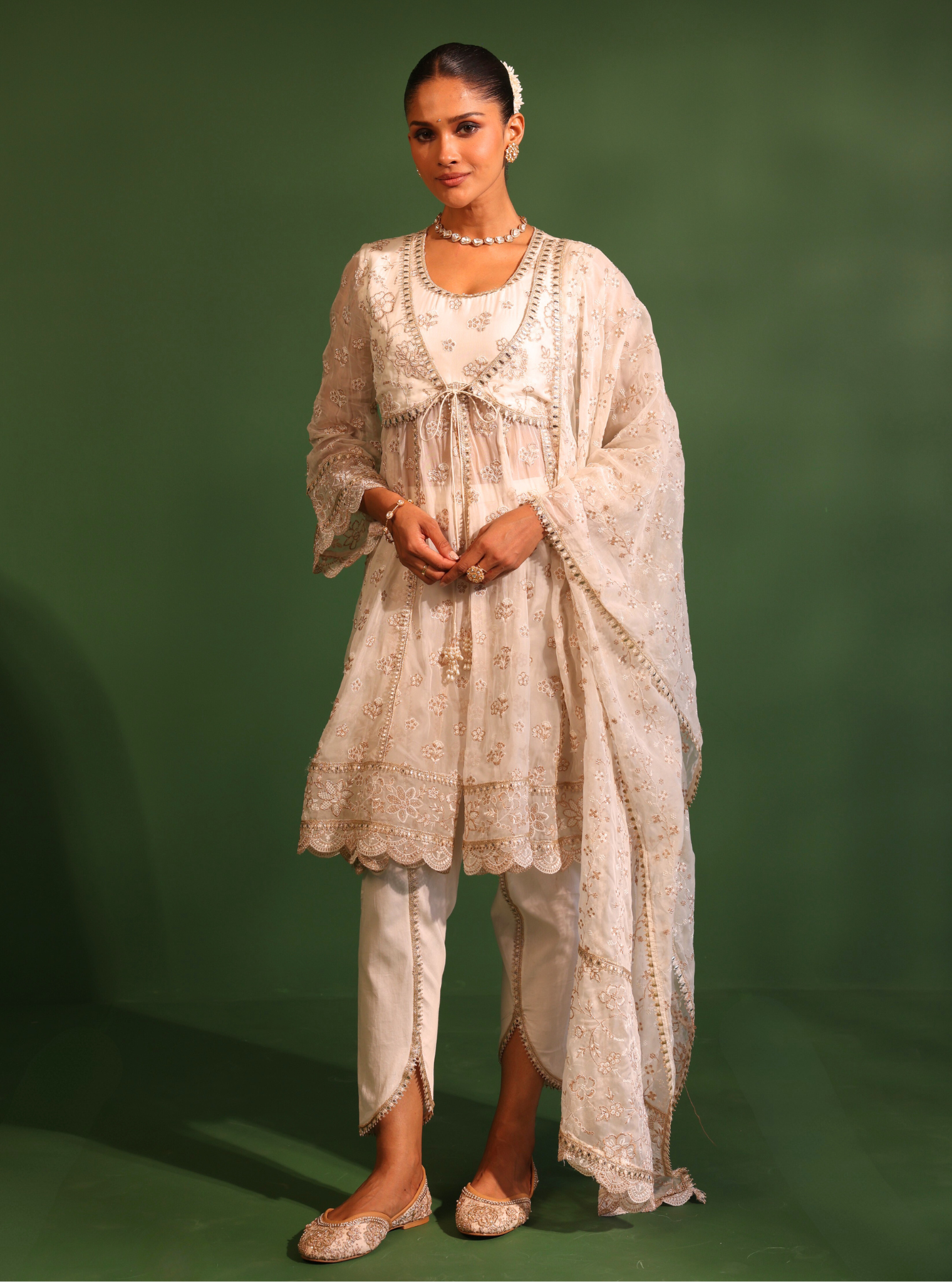 Mulmul Organza Gaatha Off White Short Anarkali Kurta With Mulmul Pima Satin Gaatha Off White Dhoti Pant