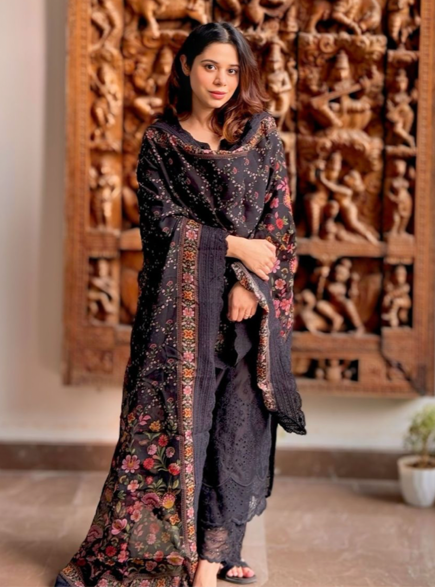 Mulmul Pima Satin Madee Black Kurta With Mulmul Pima Satin Madee Black Pant