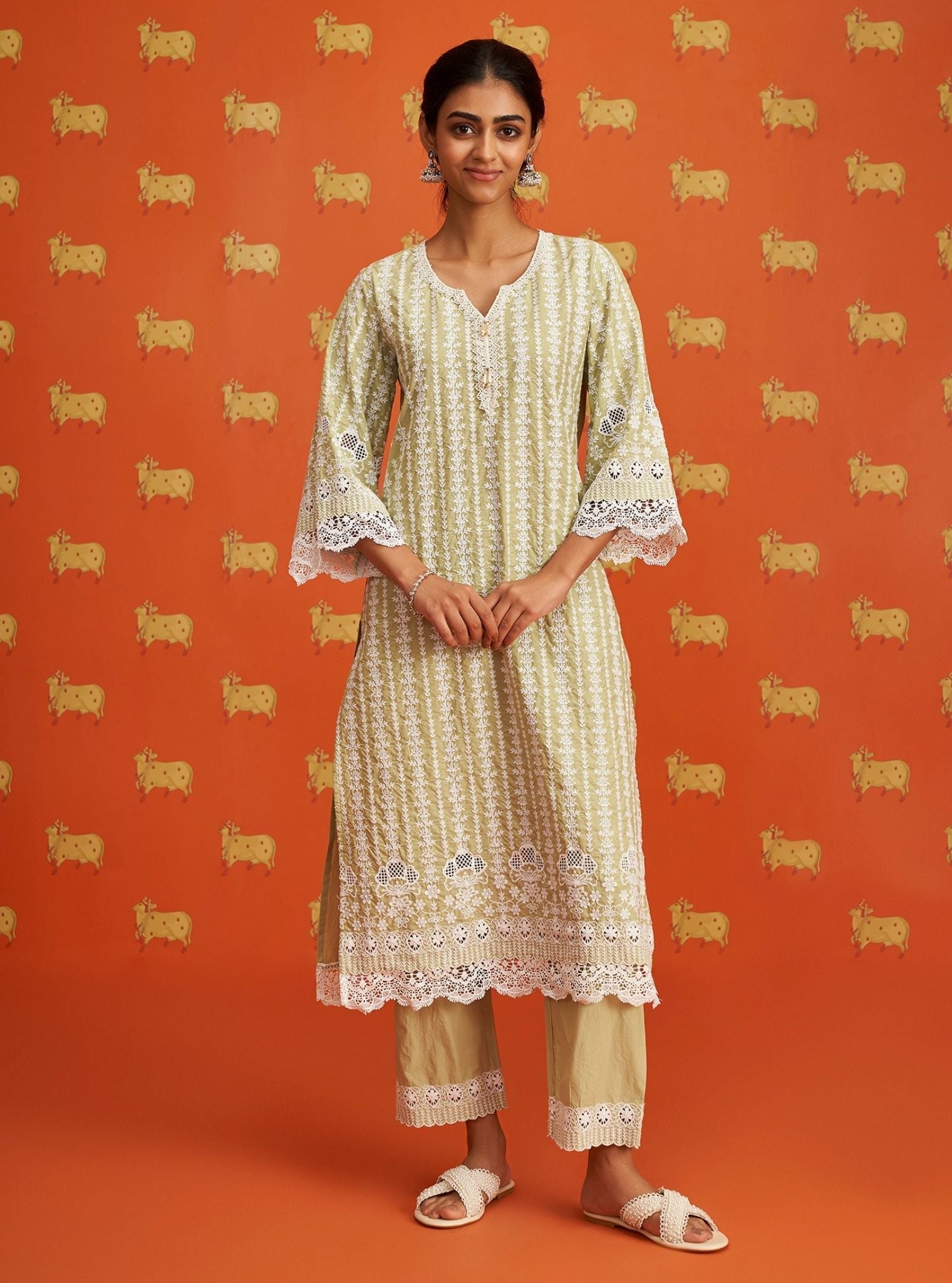 Mulmul Cotton Lawana Green Kurta With Mulmul Cotton Lawana Green Pant