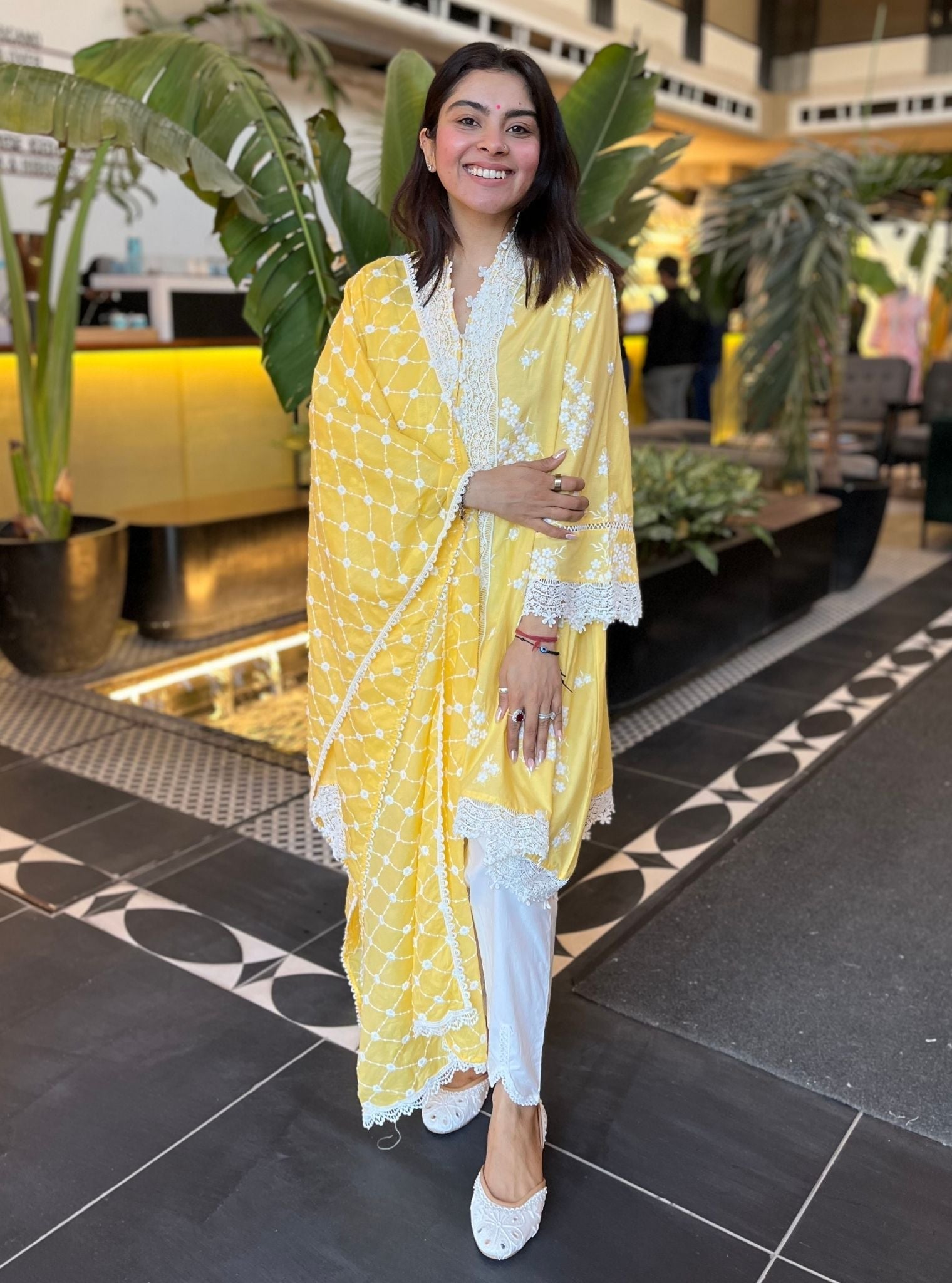 Mulmul Cotton Livia Yellow Kurta With Mulmul Cotton Inverted V Hem White Pant