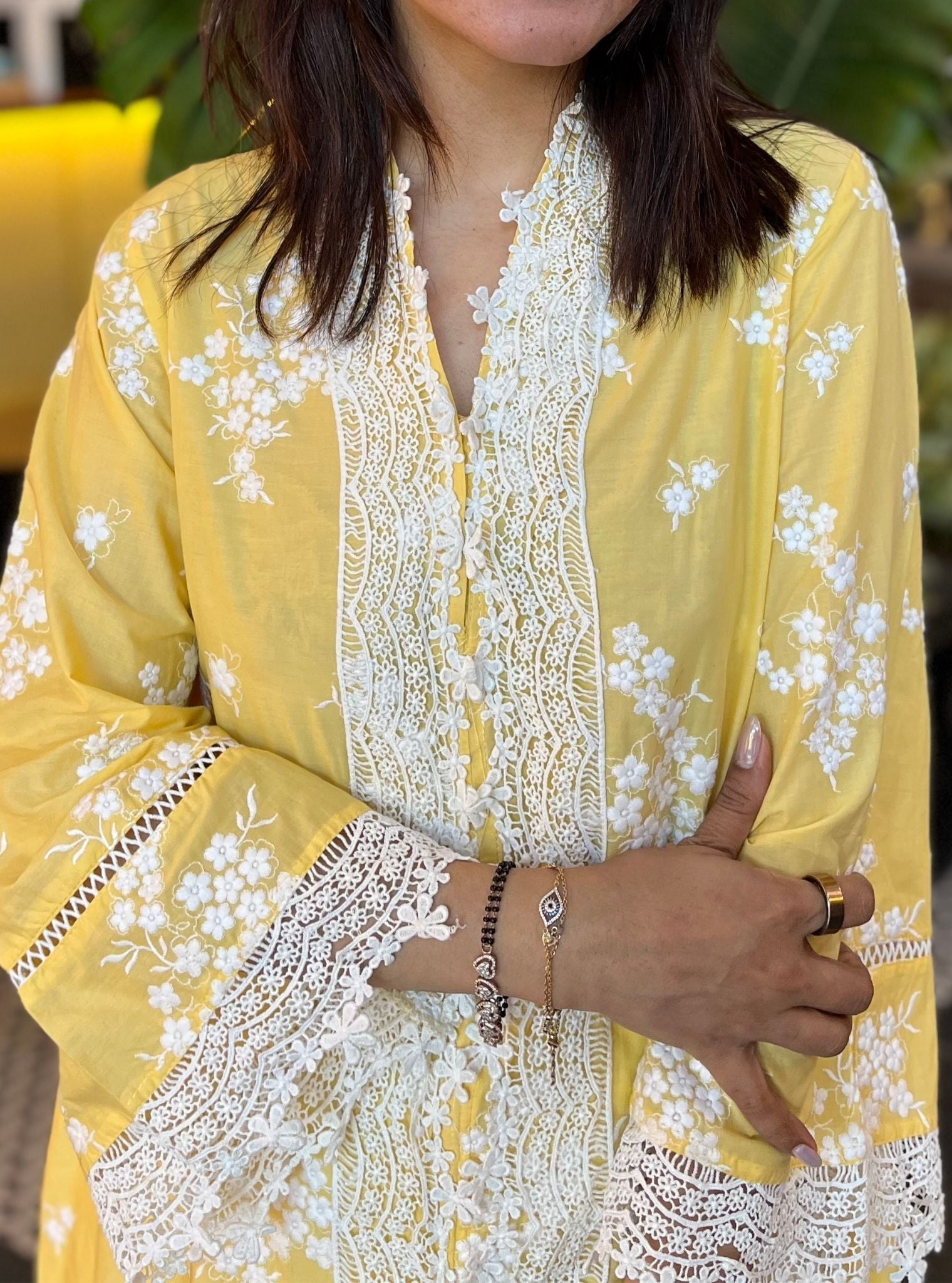 Mulmul Cotton Livia Yellow Kurta With Mulmul Cotton Inverted V Hem White Pant