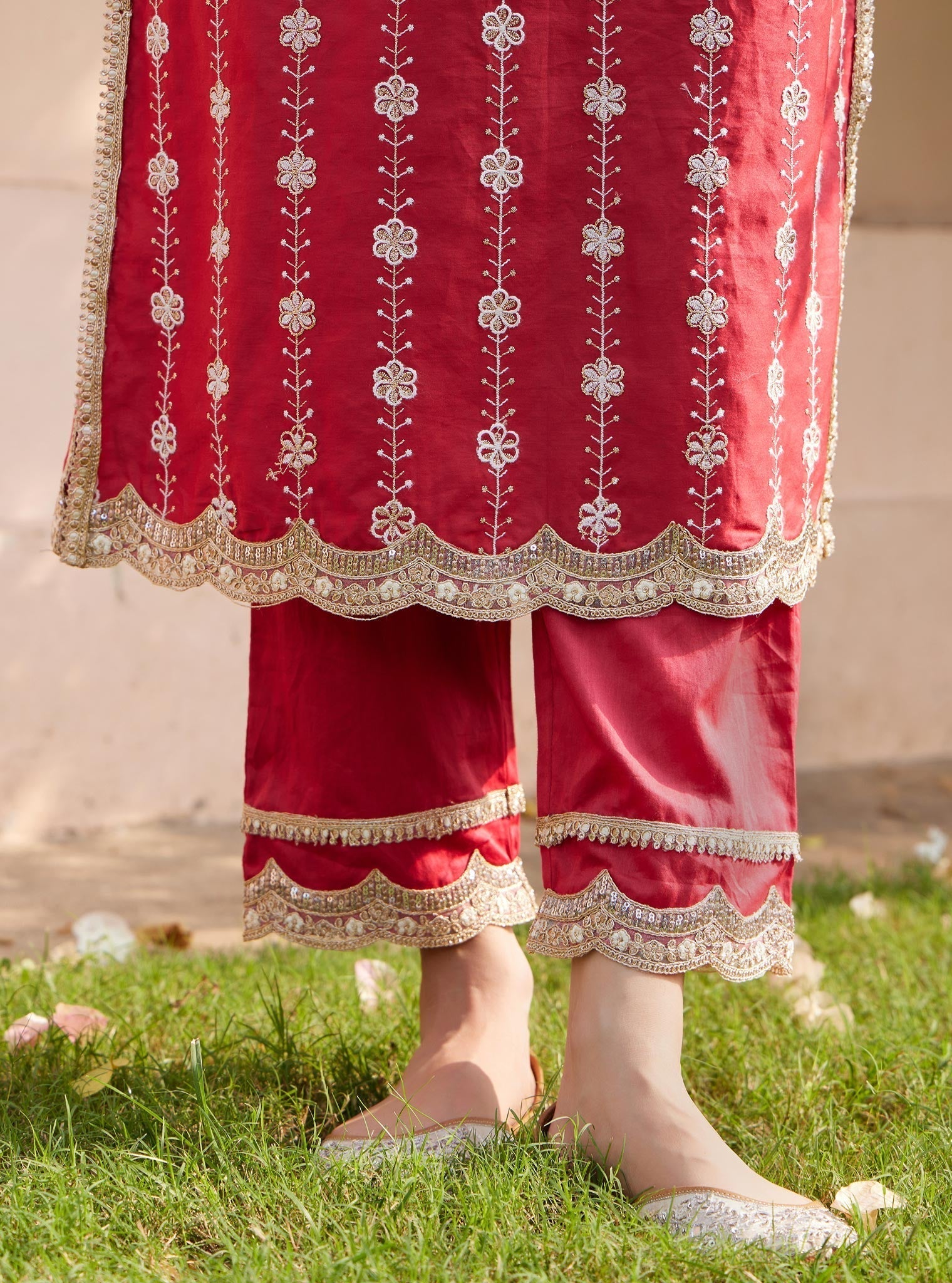 Mulmul Pima Jheel Red Kurta With Mulmul Jheel Red Pant