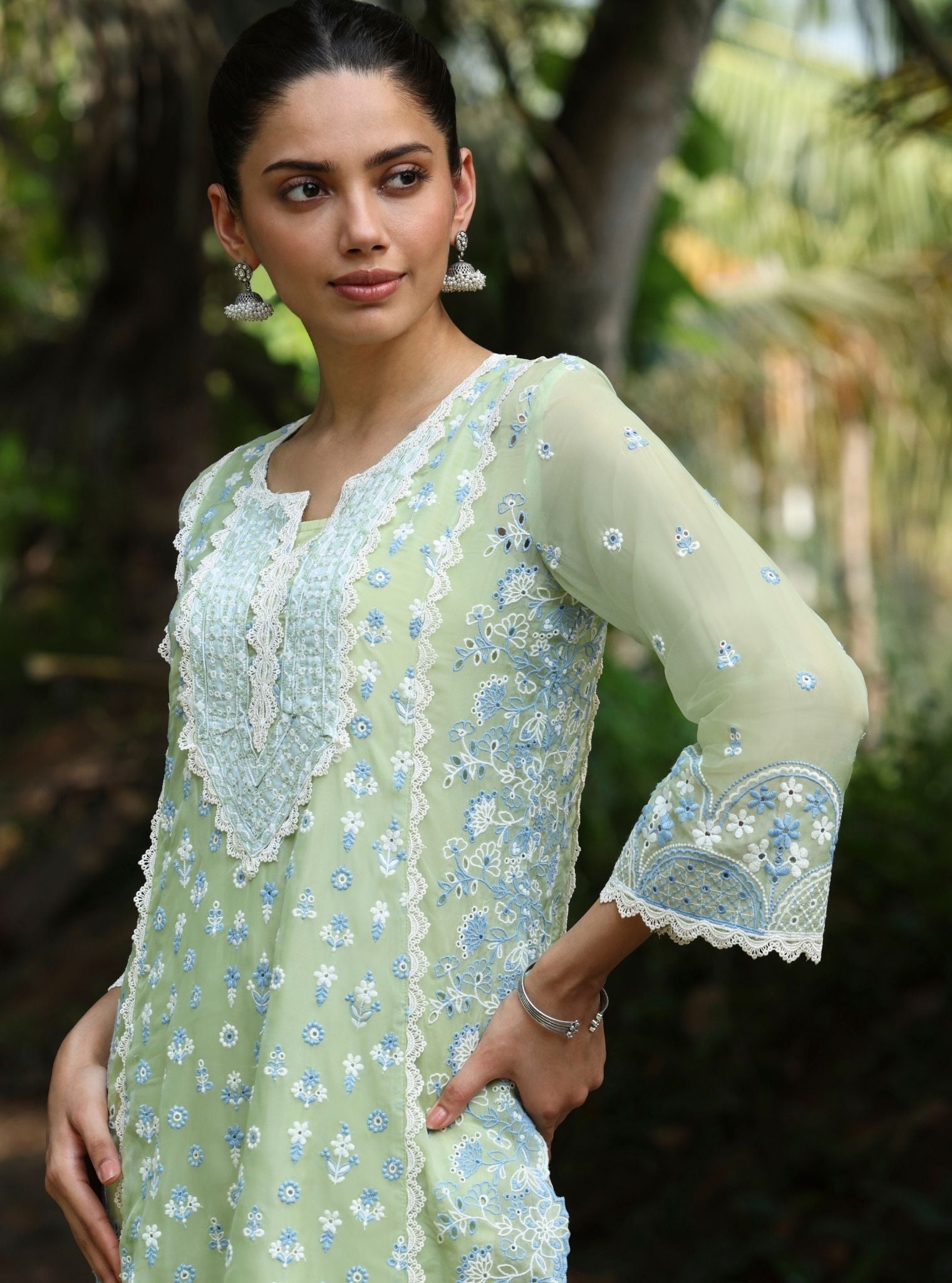 Mulmul Organza Kovalam Green Kurta With Mulmul Cotton Kovalam Green Pant