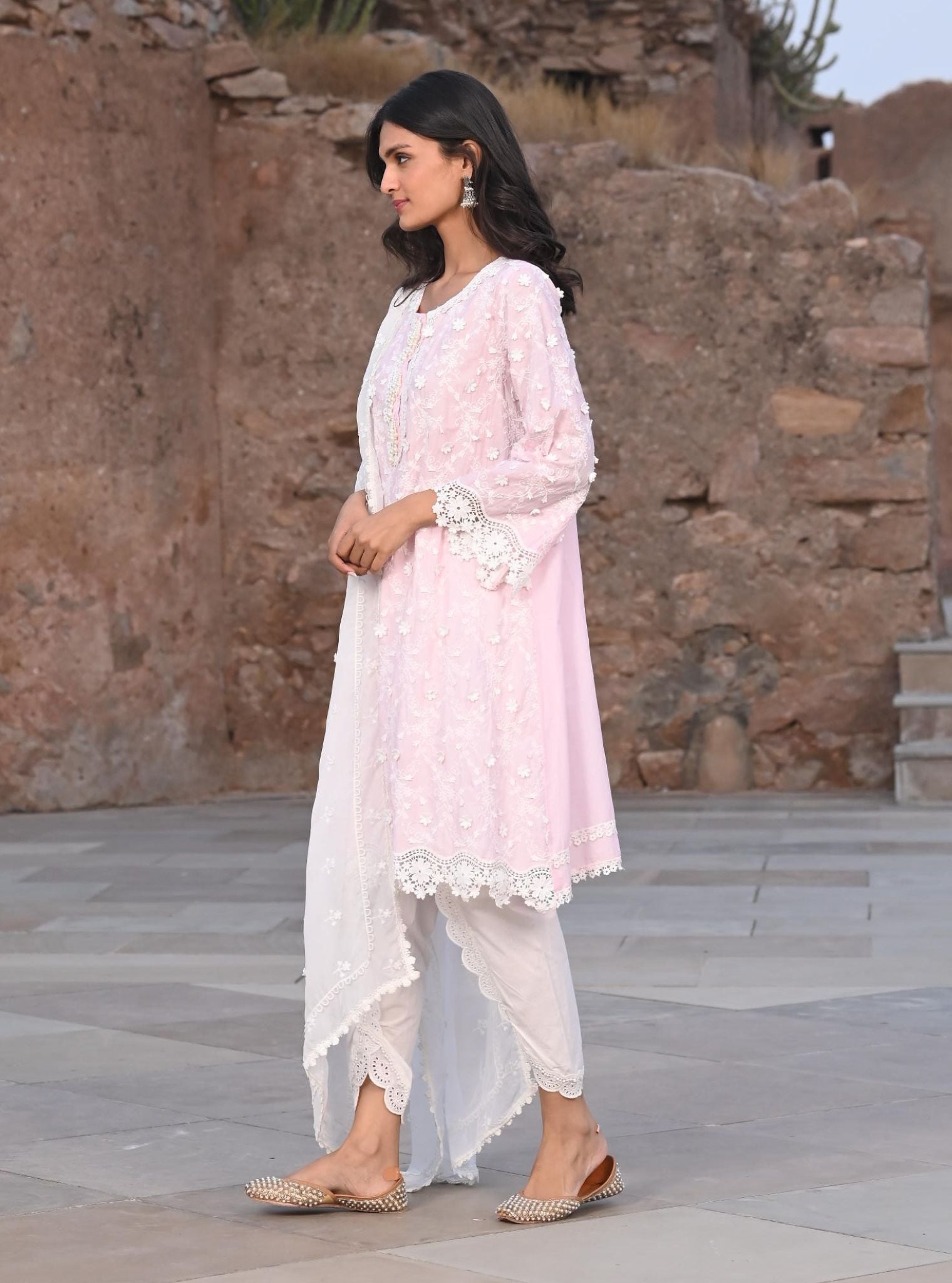 Mulmul Cotton BayBreeze Pink Kurta With Border White Dhoti Pant