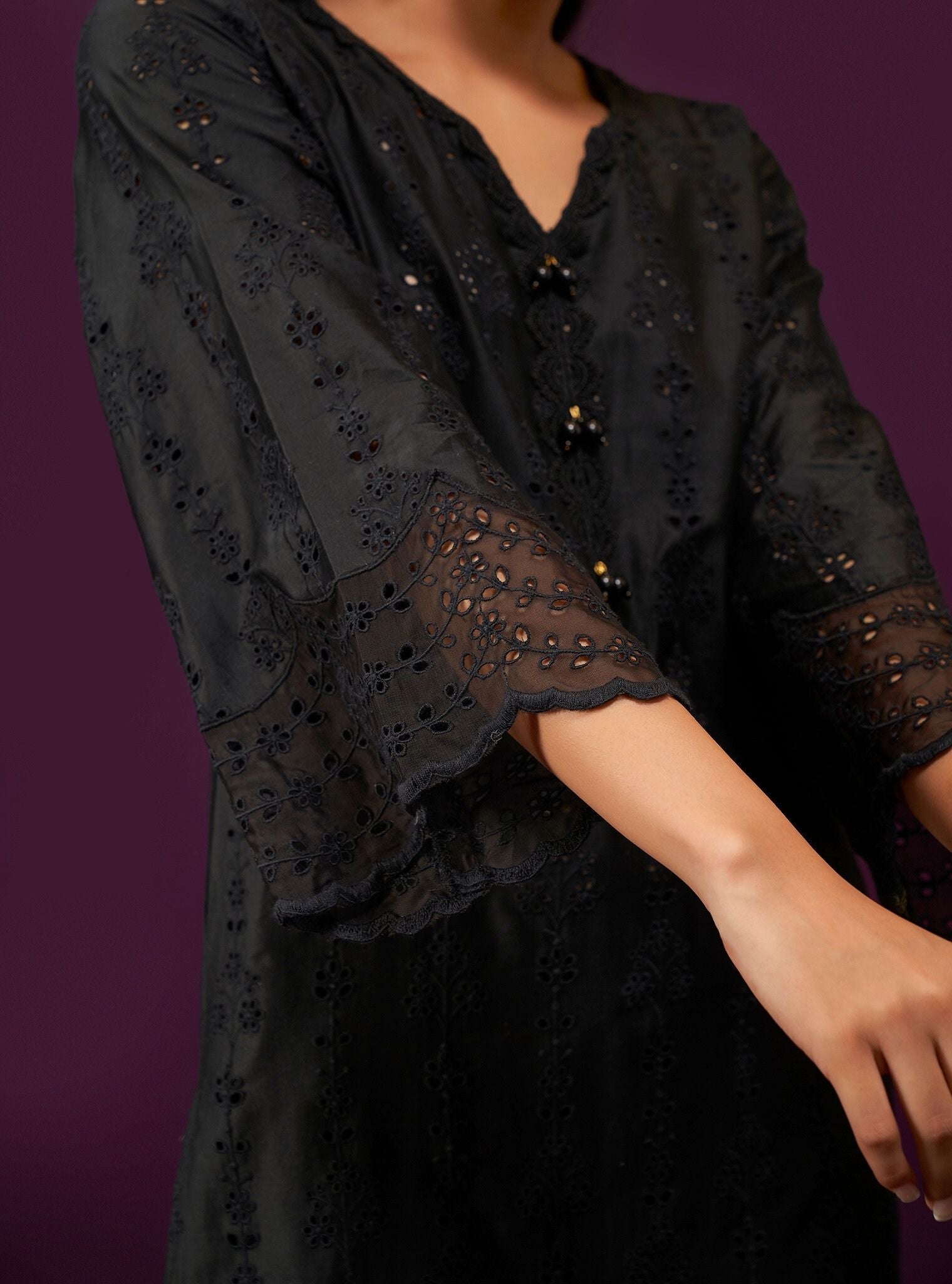 Mulmul Pima Satin Madee Black Kurta With Mulmul Pima Satin Madee Black Pant