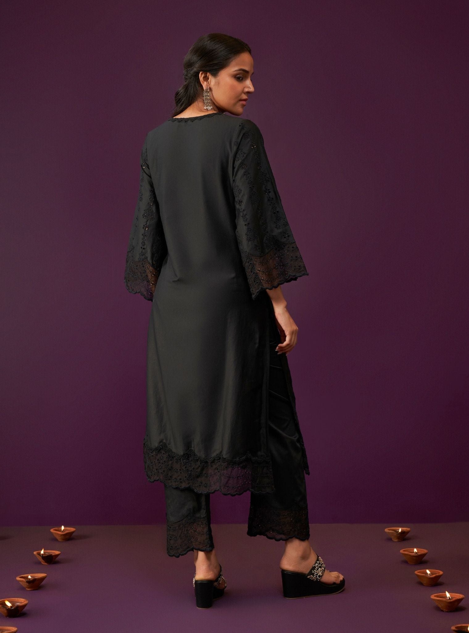 Mulmul Pima Satin Madee Black Kurta With Mulmul Pima Satin Madee Black Pant