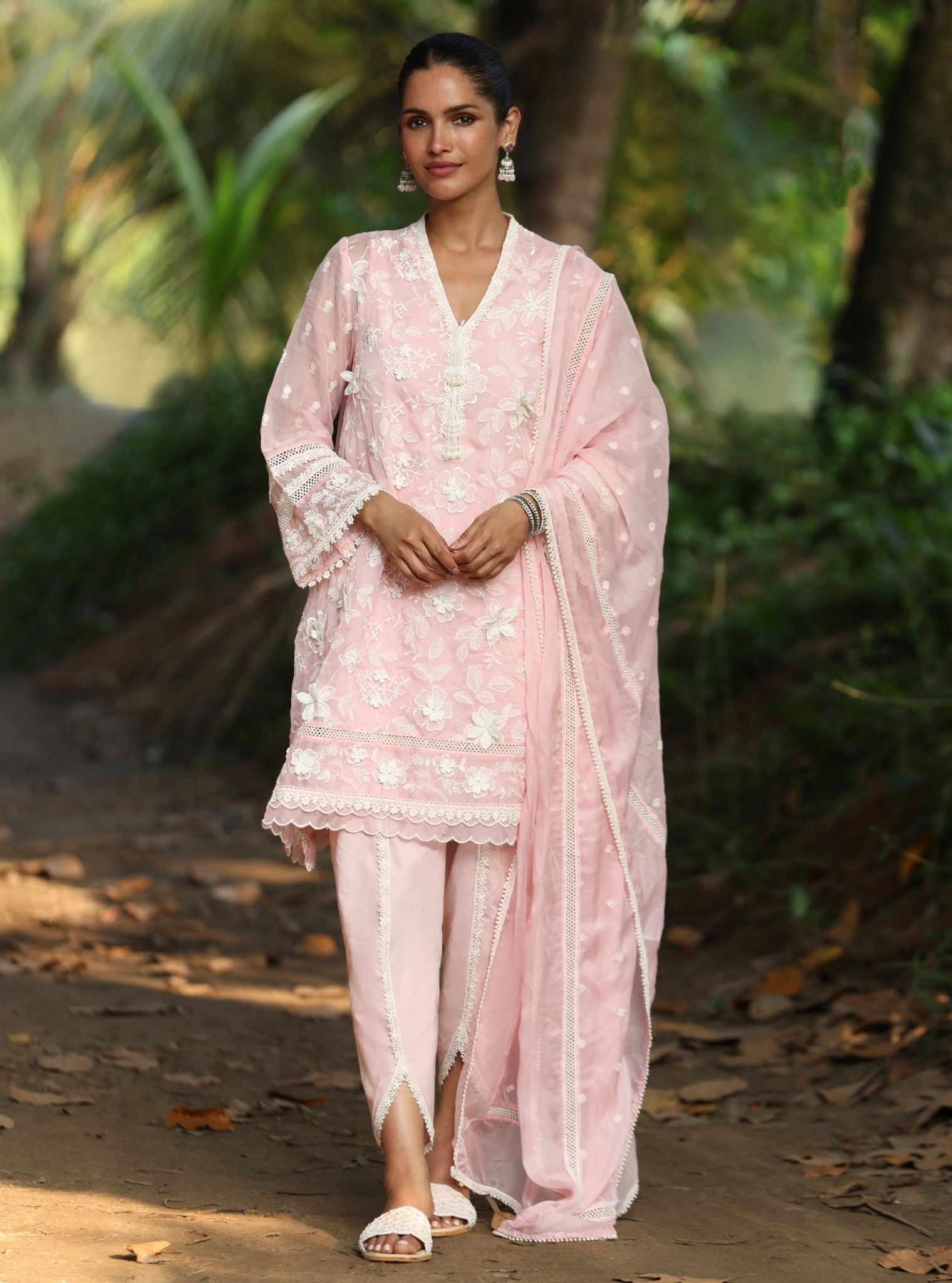 Mulmul Organza Uma Pink Kurta With Mulmul Cotton Uma Pink Dhoti Pant