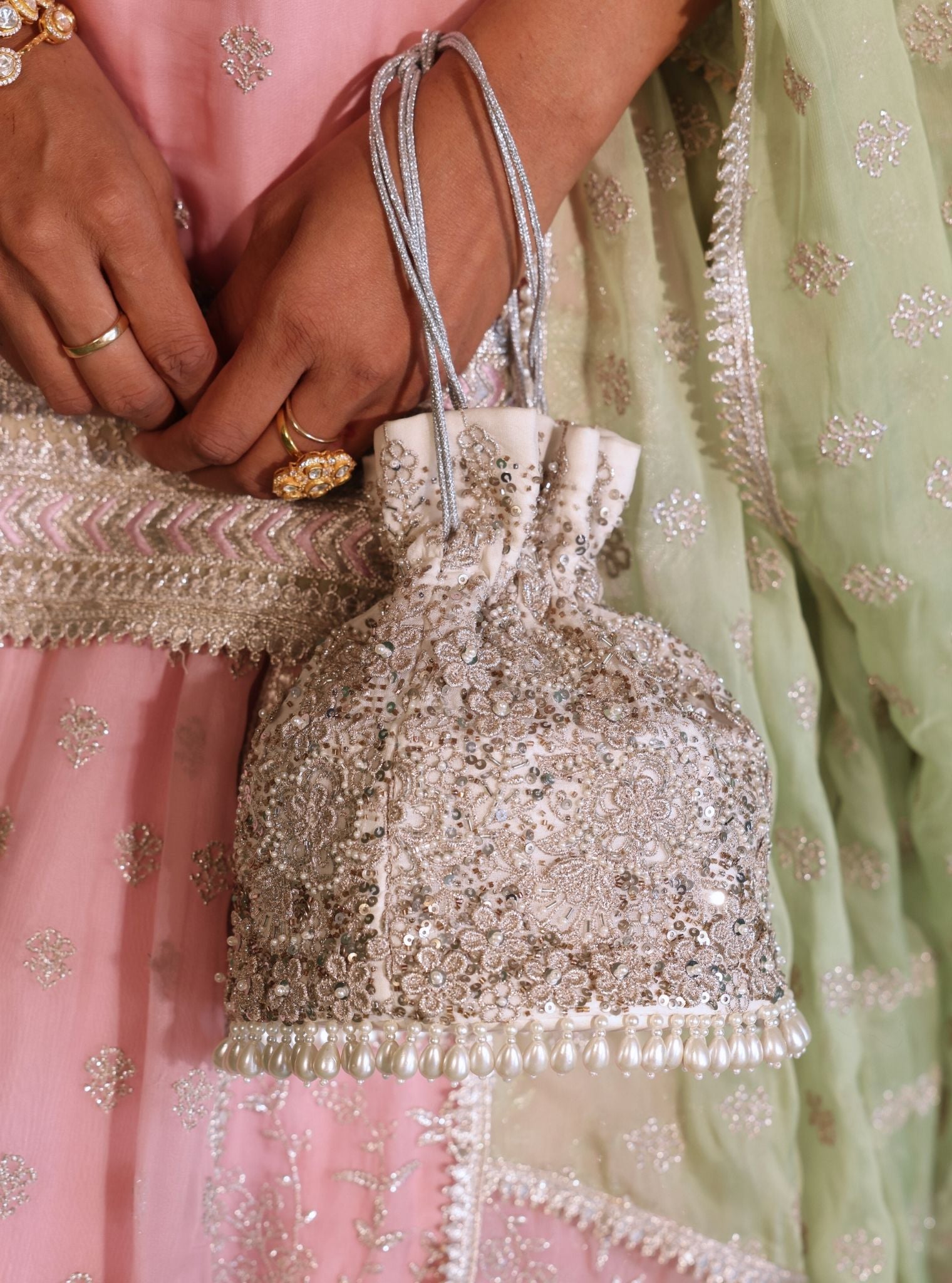 Mulmul Roohi Silver Potli Bag