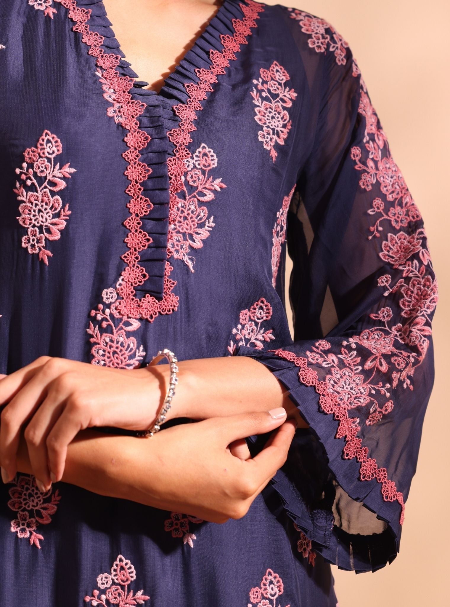 Mulmul Organza Valara Navy Kurta With Mulmul Cotton Valara Navy Pant