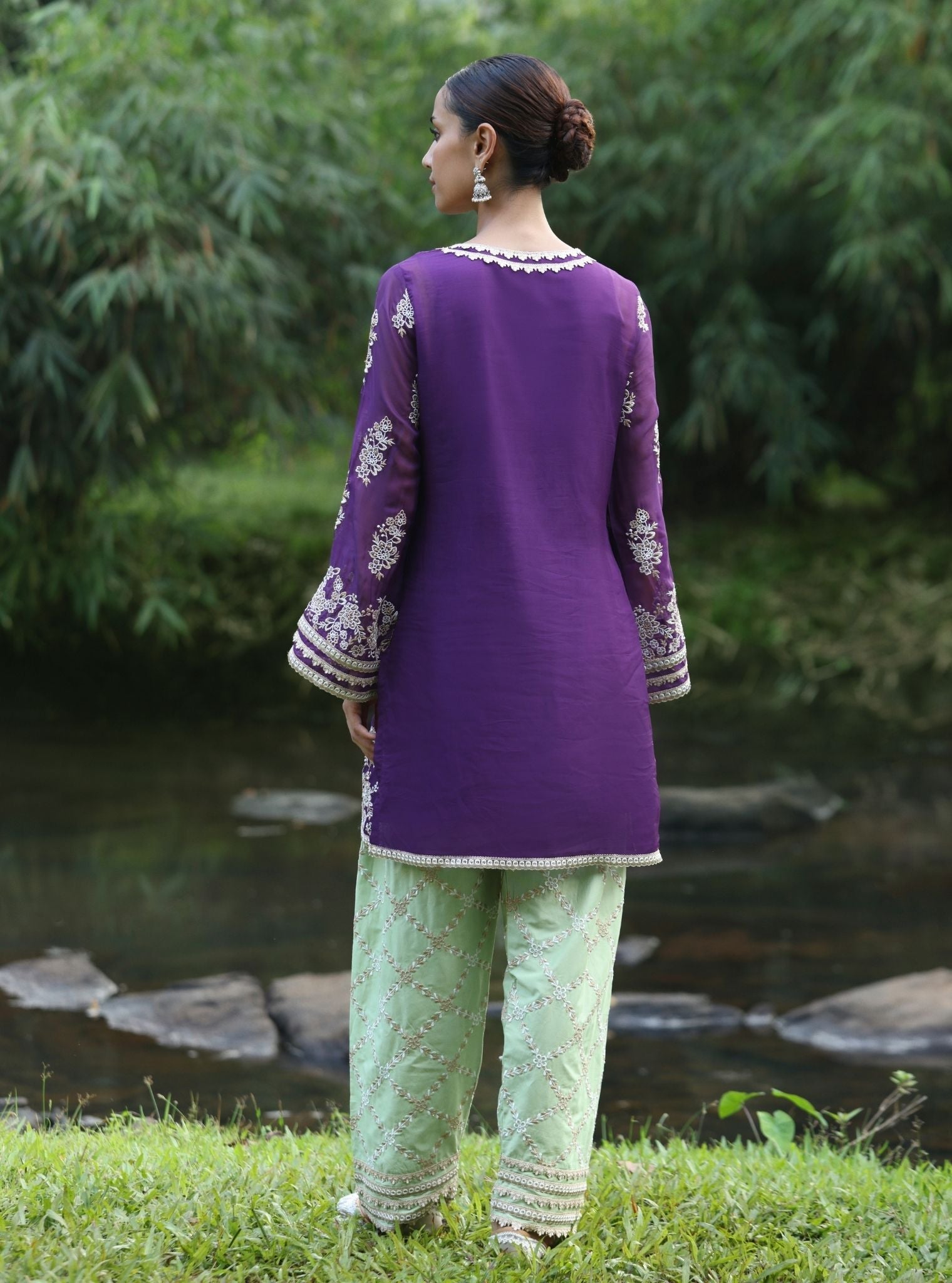 Mulmul Organza Khwab Purple Kurta With Mulmul Pima Satin Khwab Green Pant