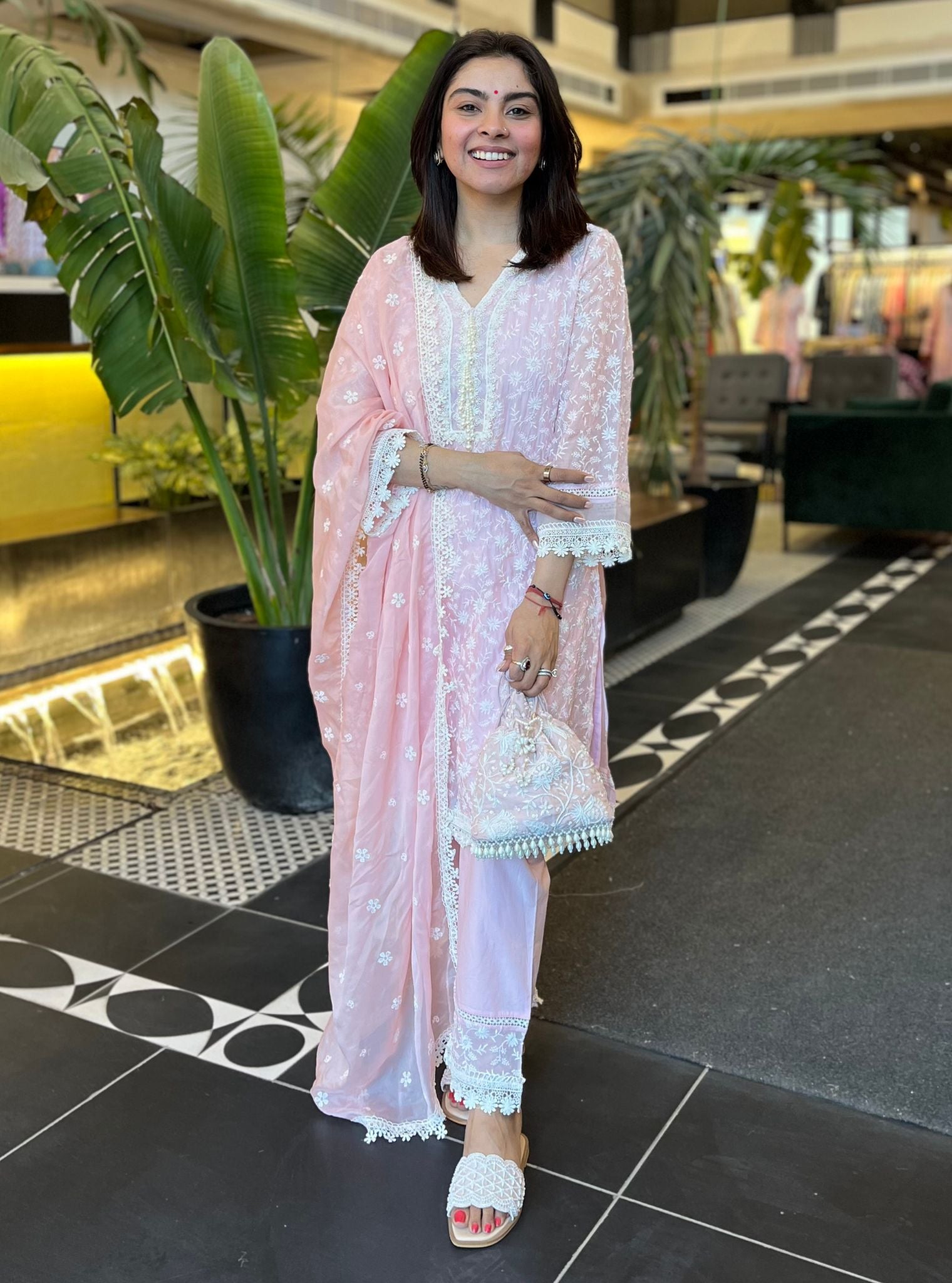 Mulmul Organza Ally Pink Kurta With Mulmul Cotton Ally Pink Pant