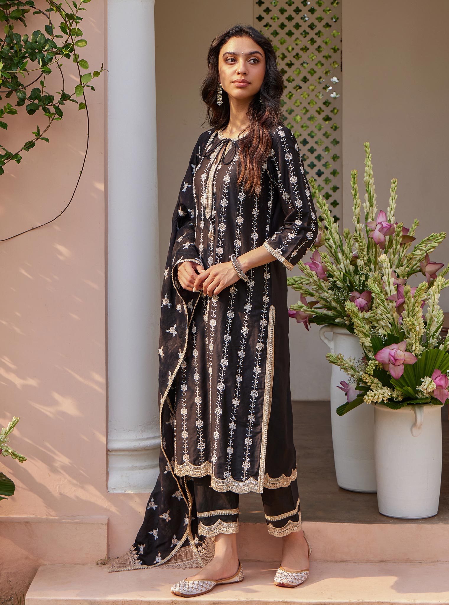 Mulmul Pima Jheel Black Kurta With Mulmul Jheel Black Pant