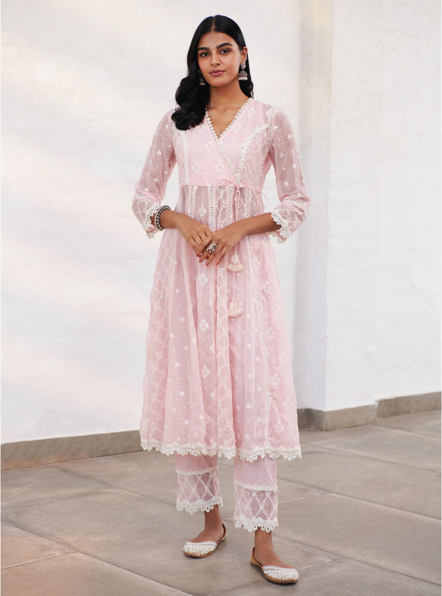 Mulmul Organza Morey Pink Anarkali Kurta With Cotton Morey Pink Pant