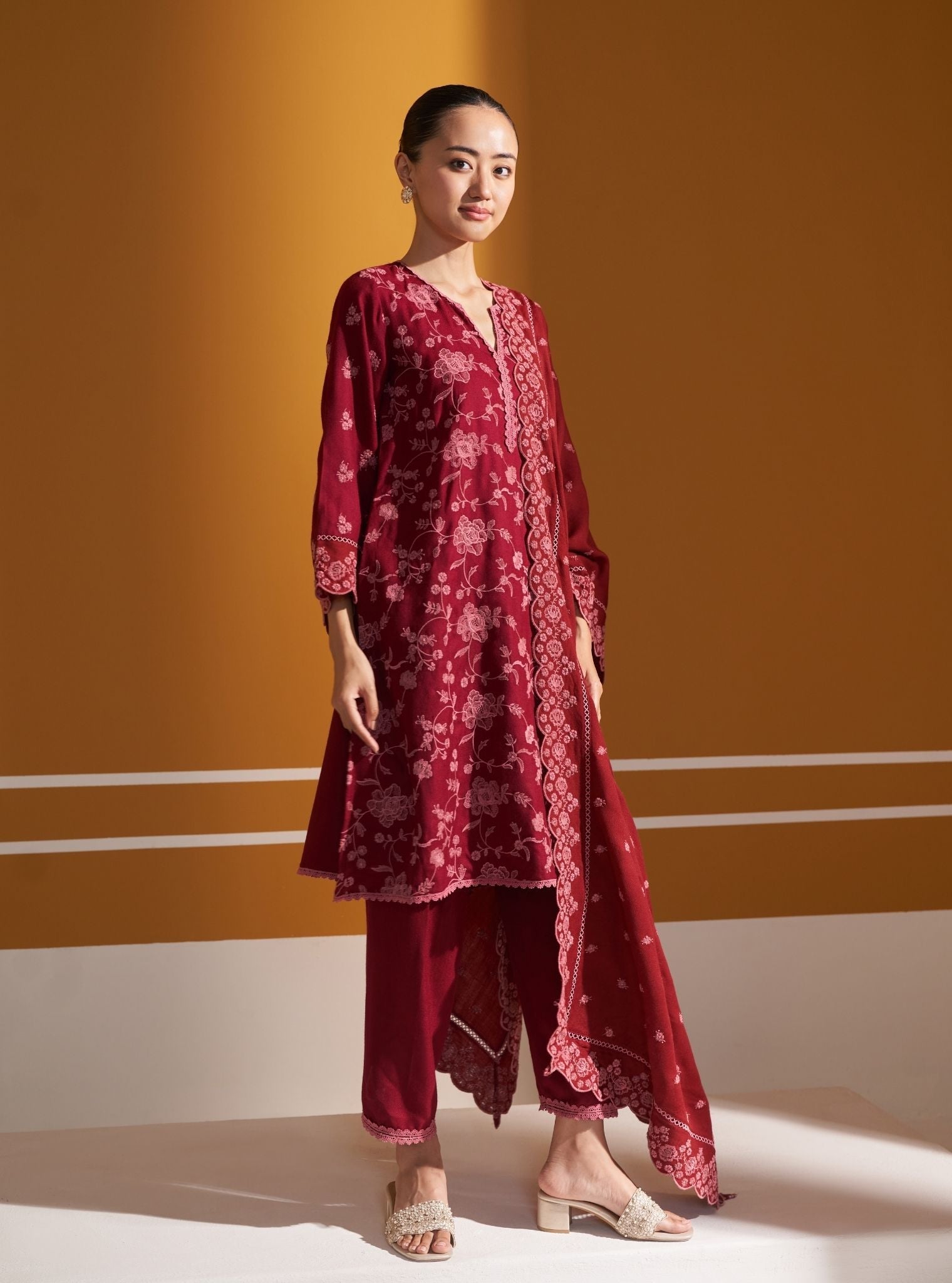 Mulmul Wool Juno Wine Kurta With Mulmul Wool Juno Wine Pant