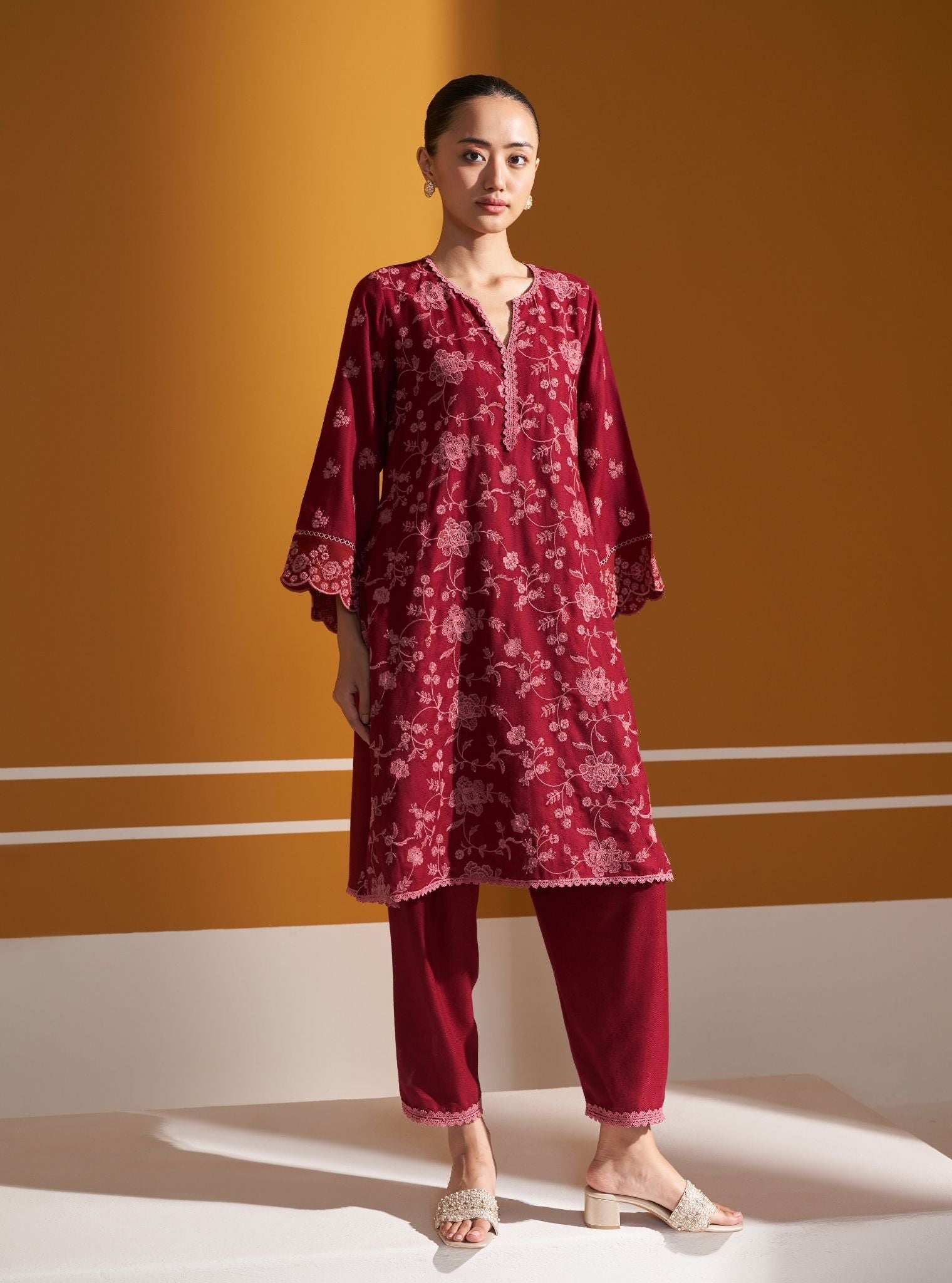 Mulmul Wool Juno Wine Kurta With Mulmul Wool Juno Wine Pant