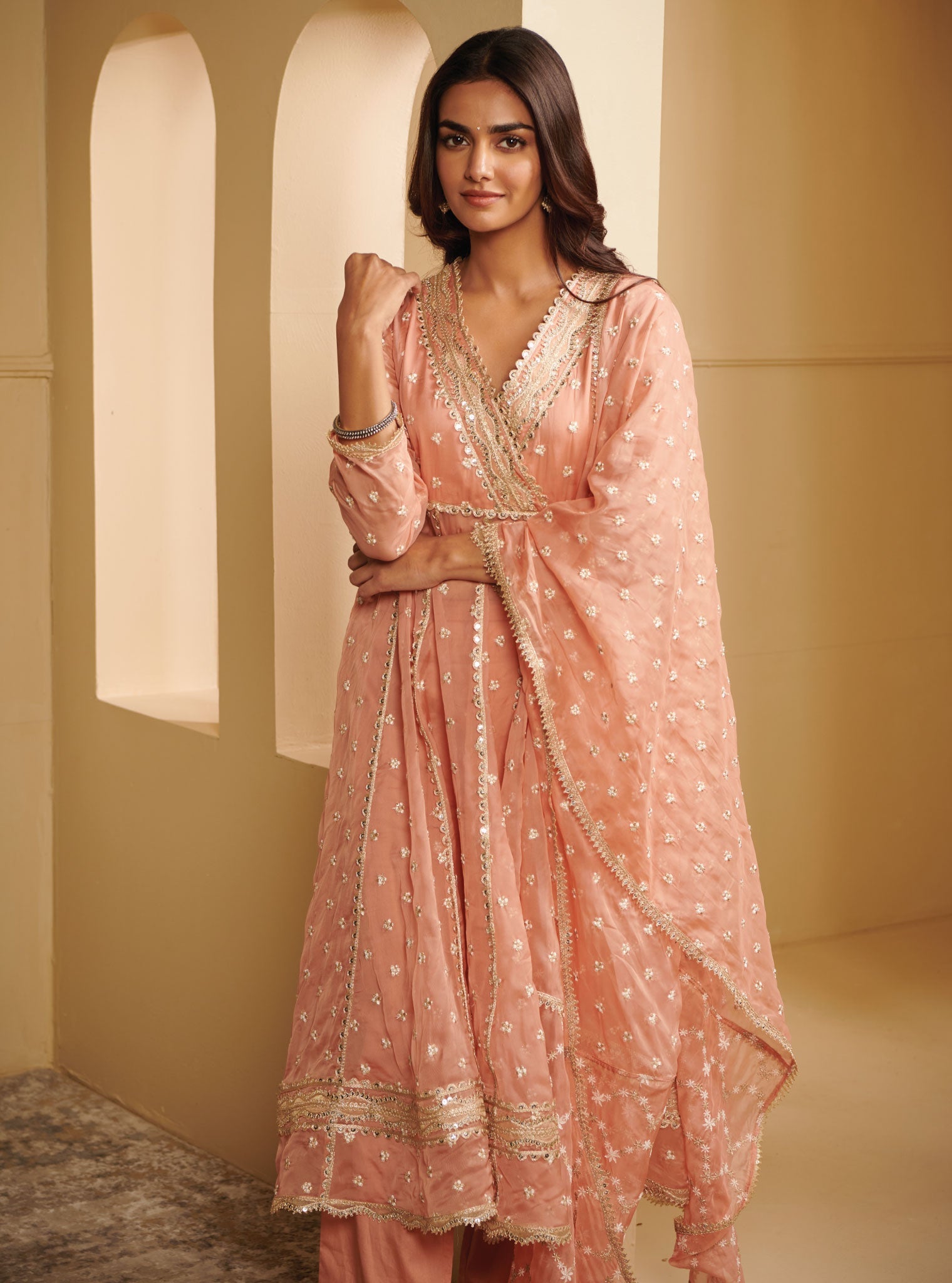 Mulmul Organza Ancita Anarkali Rose Kurta With Mulmul Pima Satin Ancita Rose Pant