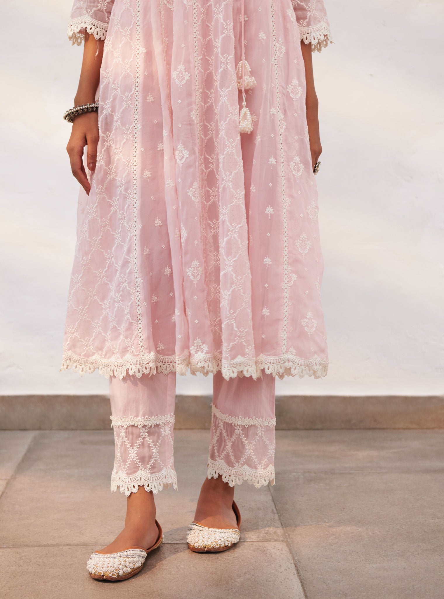 Mulmul Organza Morey Pink Anarkali Kurta With Cotton Morey Pink Pant