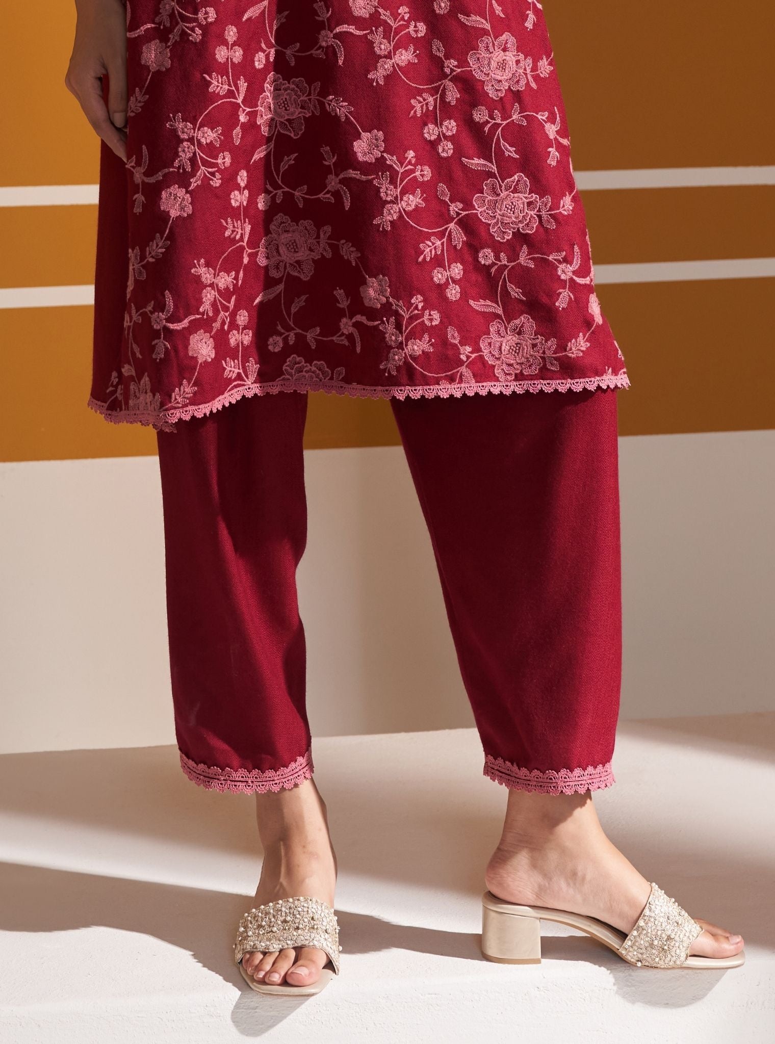 Mulmul Wool Juno Wine Kurta With Mulmul Wool Juno Wine Pant