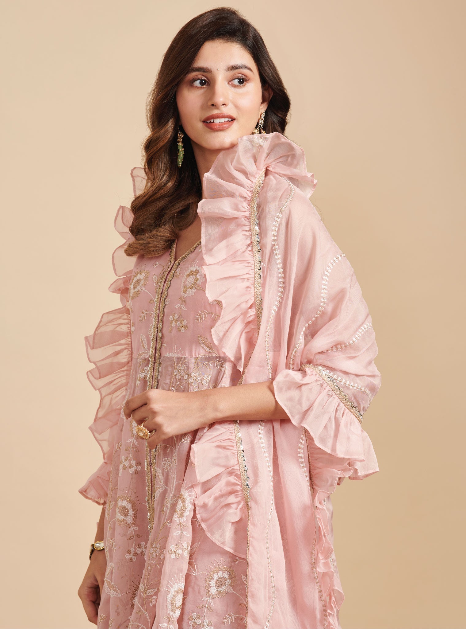 Mulmul Organza Lashkara Pink Short Anarkali Kurta With Mulmul Silk Lashkara Pink Sharara