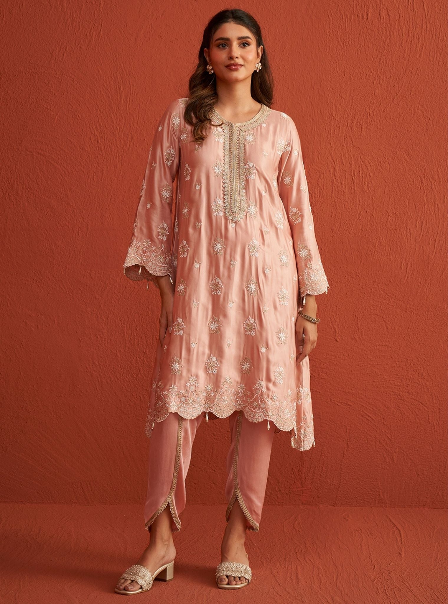 Mulmul Bemberg Satin Kangna Pink Kurta With Mulmul Bemberg Satin Kangna Pink Pant