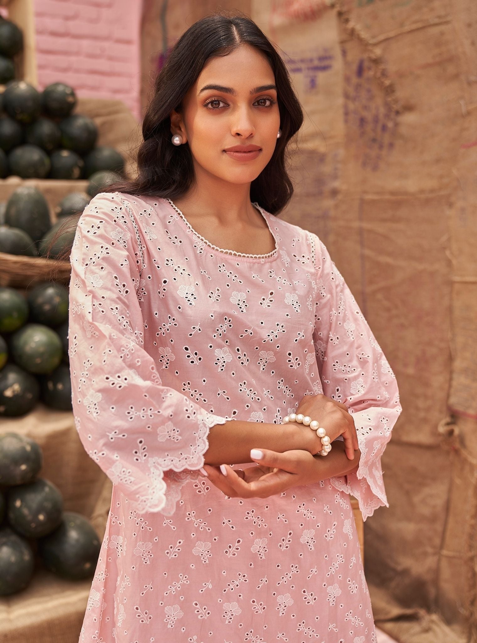 Mulmul Cotton Hannah Light Pink Top With Mulmul Cotton Hannah Light Pink Pant