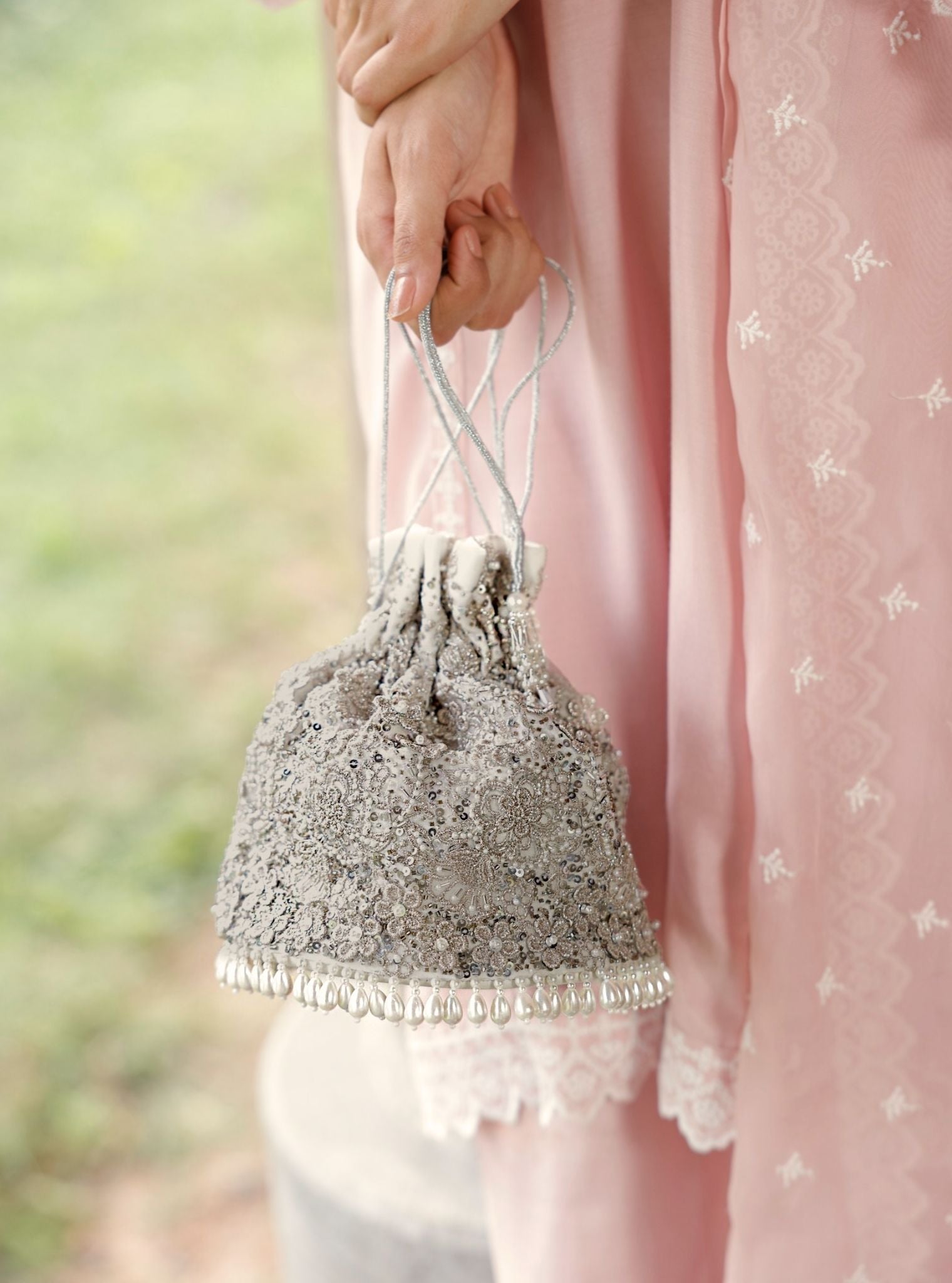 Mulmul Roohi Silver Potli Bag