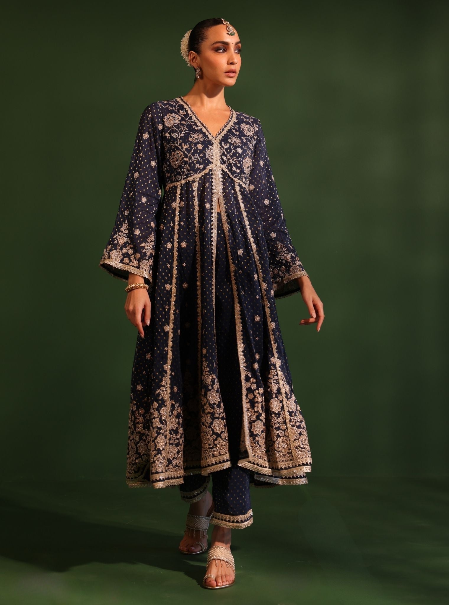 Mulmul Banarsi Rangeela Navy Anarkali Kurta With Mulmul Banarsi Rangeela Navy Pant