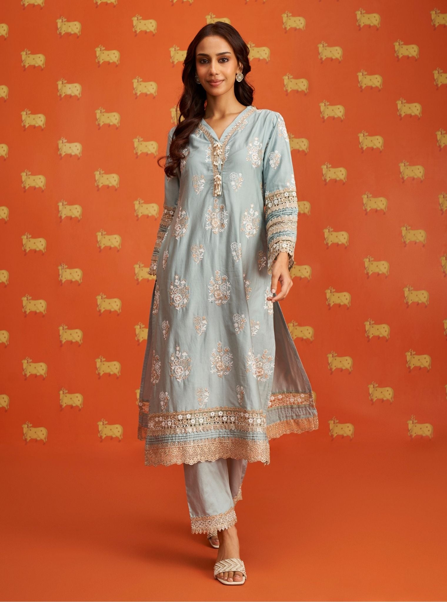 Mulmul Pima Satin Nalin Light Blue Kurta With Mulmul Pima Satin Nalin Light Blue Pant