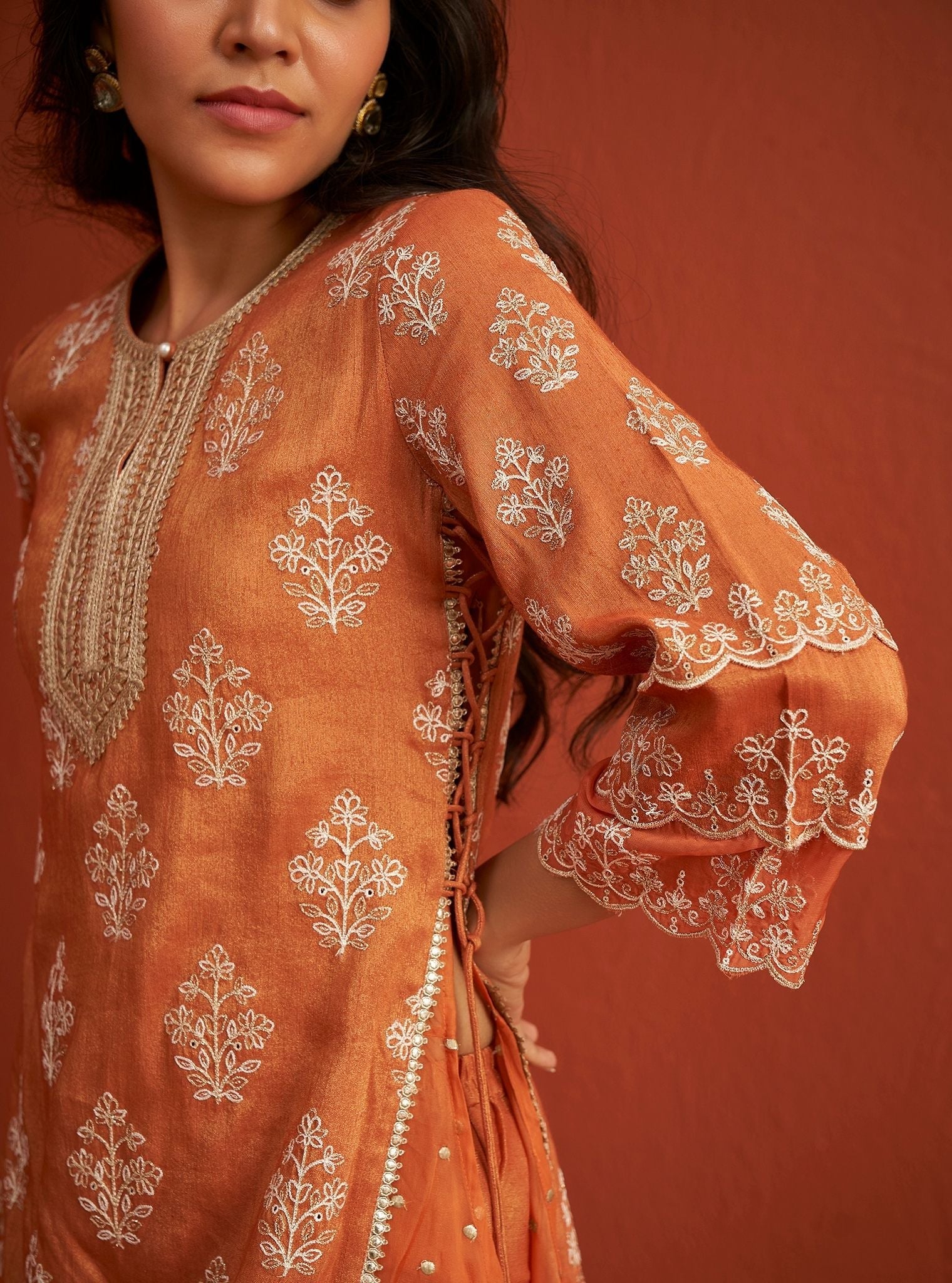 Mulmul Tissue Linen Satin Evelina Burnt Orange Kurta With Mulmul Tissue Linen Satin Evelina Burnt Orange Pant