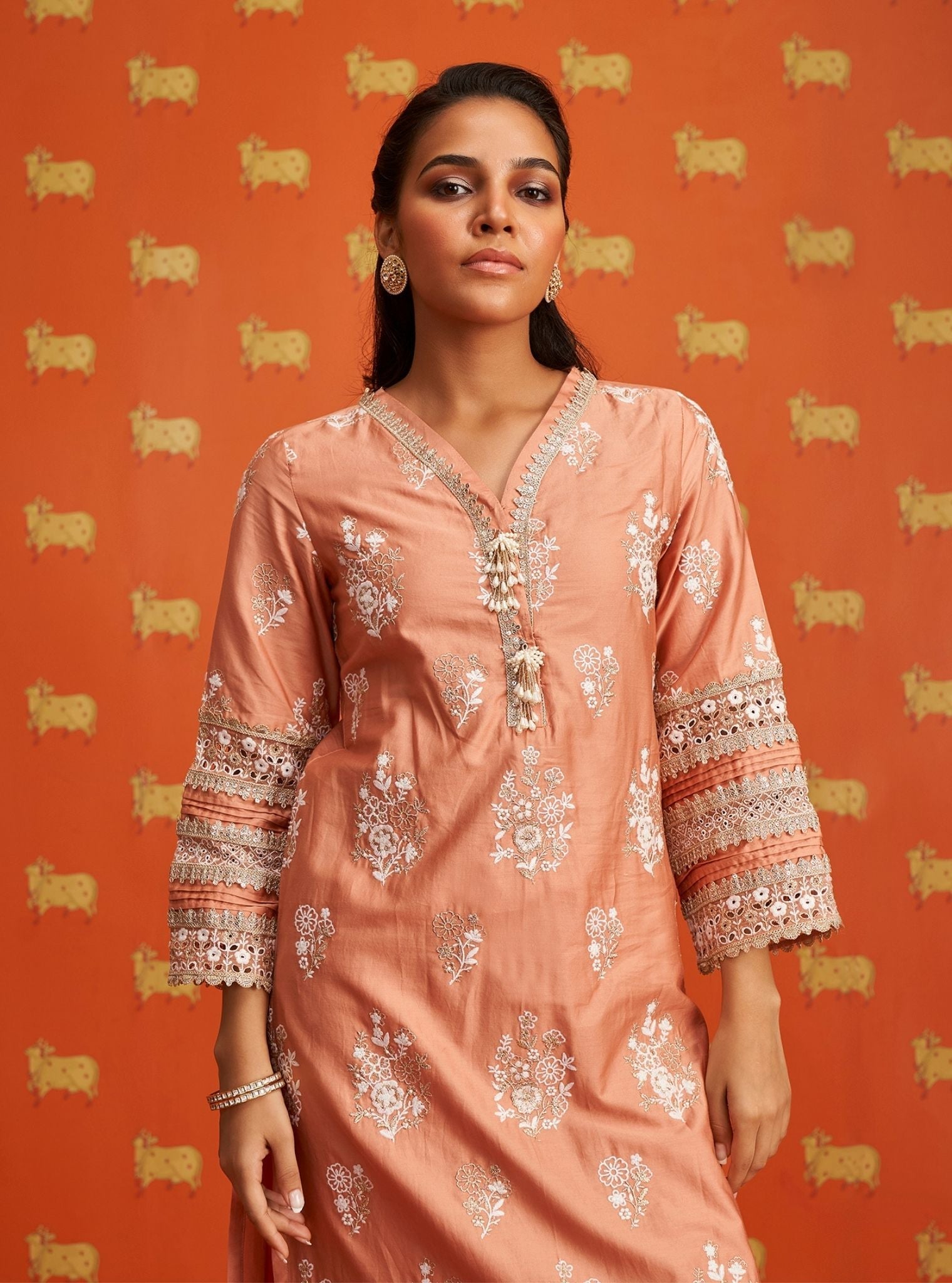 Mulmul Pima Satin Nalin Peach Kurta With Mulmul Pima Satin Nalin Peach Pant