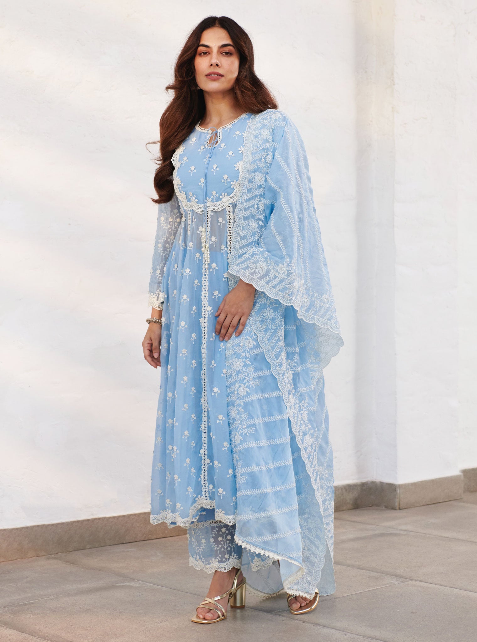 Mulmul Organza Sussex Blue Anarkali Kurta With Cotton Sussex Blue Pant