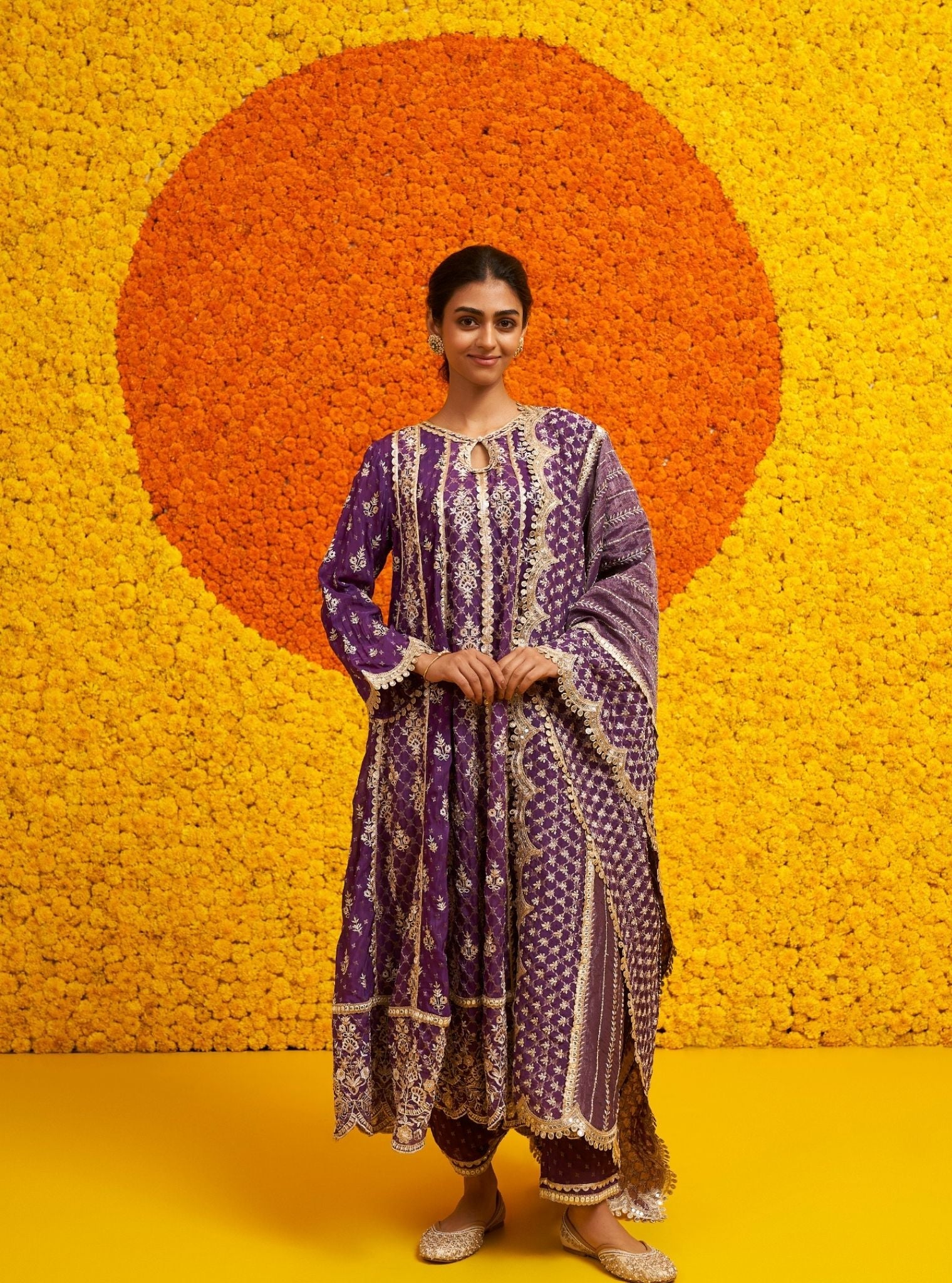 Mulmul Banarsi Chalka Purple Anarkali Kurta With Mulmul Banarsi Chalka Purple Pant