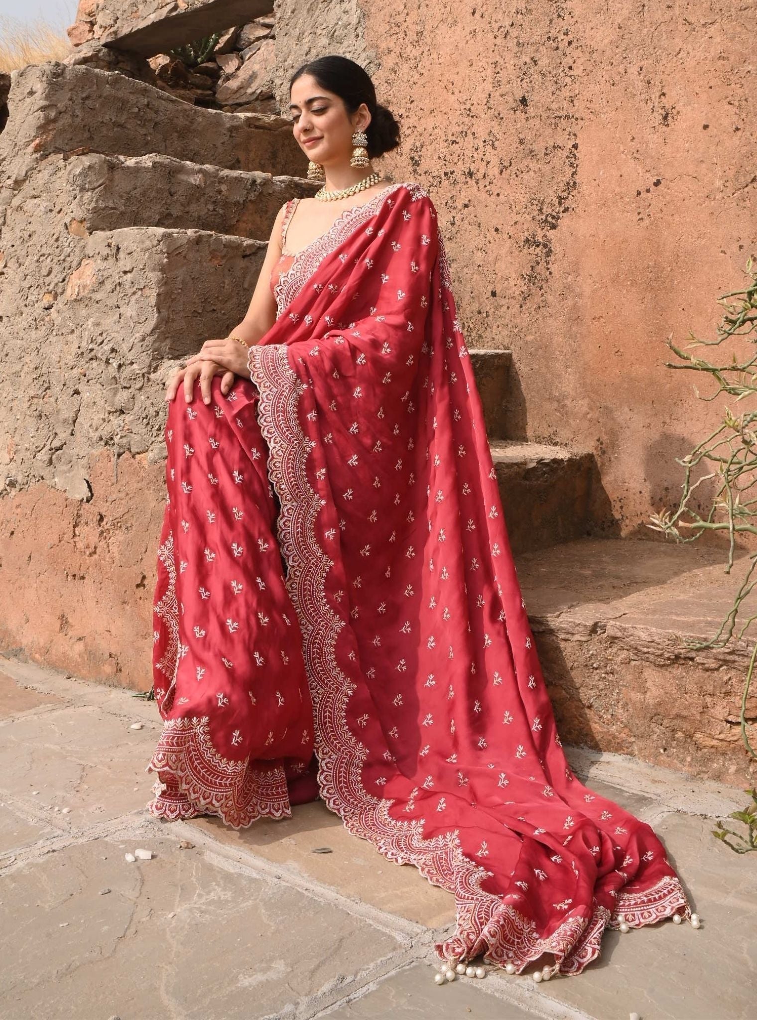 Mulmul Organza Satin Bindiya Red Saree