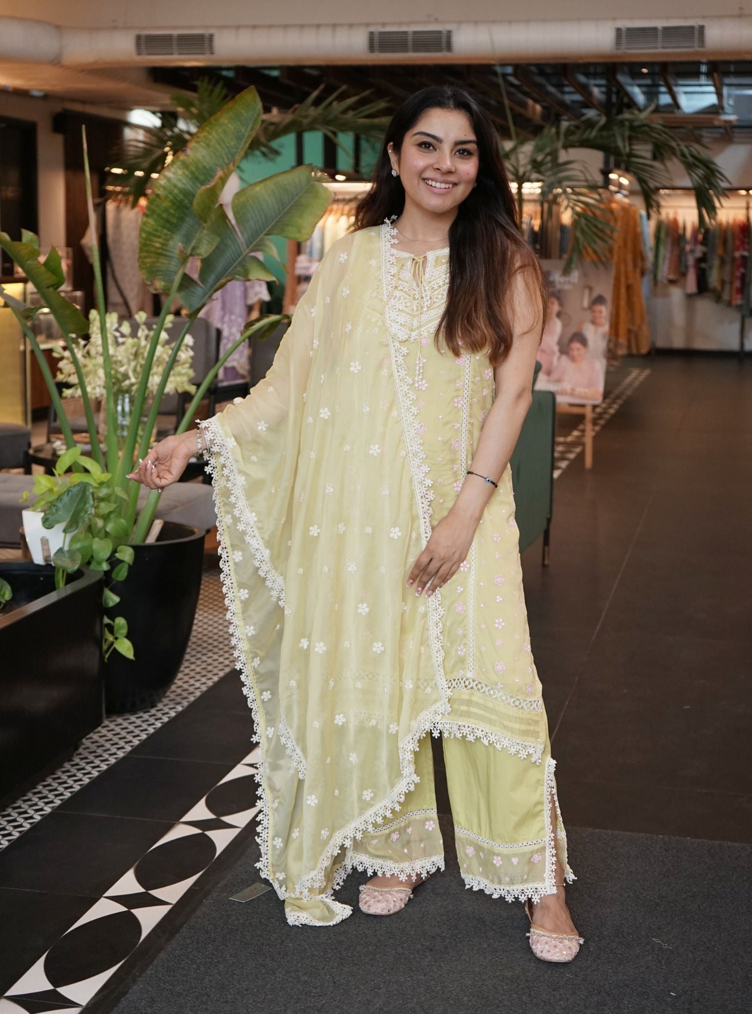 Mulmul Organza Simin Lime Kurta With Mulmul Cotton Simin Lime pant