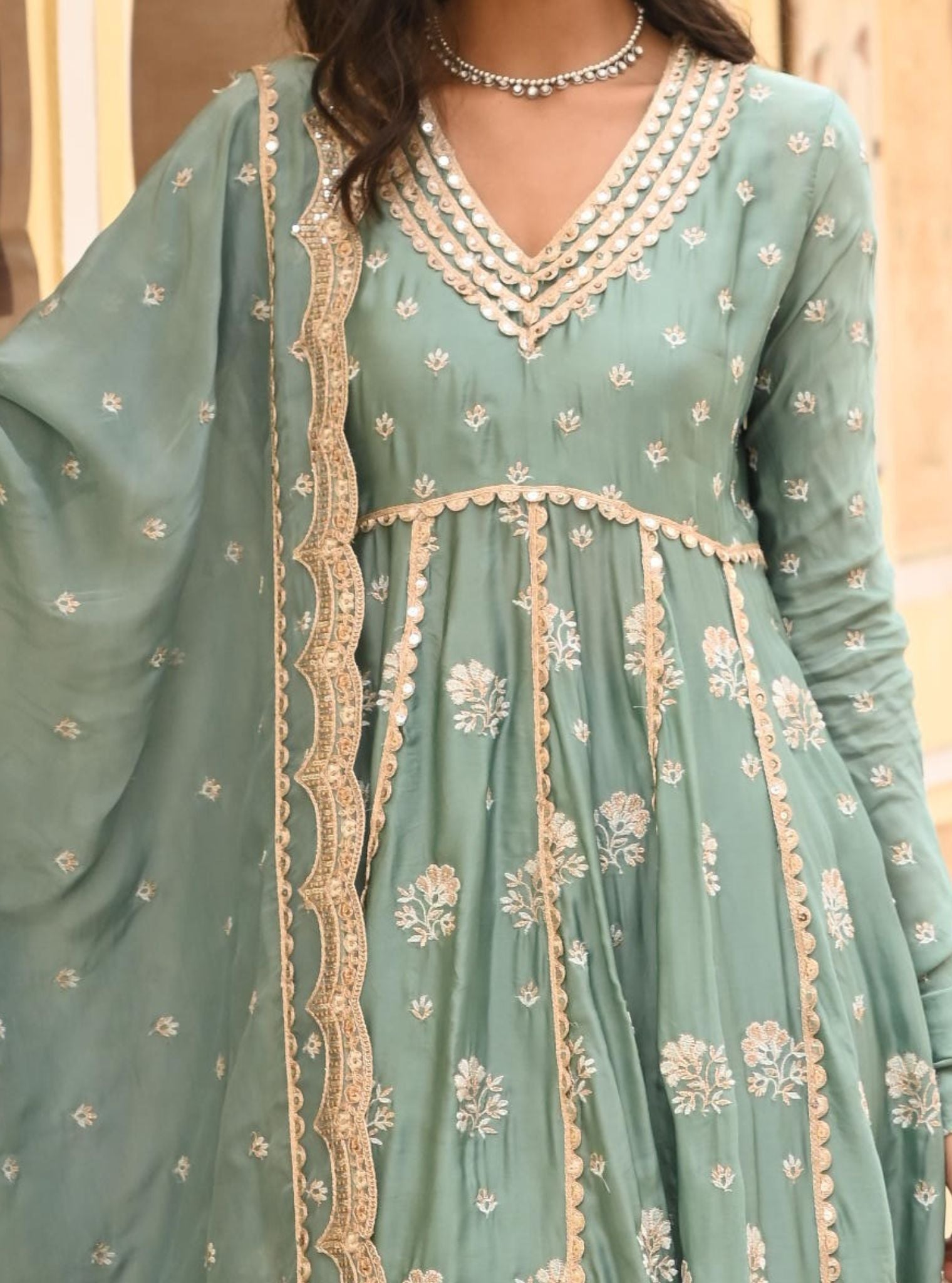 Mulmul Organza Satin Tareefan Teal Blue Anarkali Kurta with Mulmul Modal Satin Tareefan Teal Blue Pant