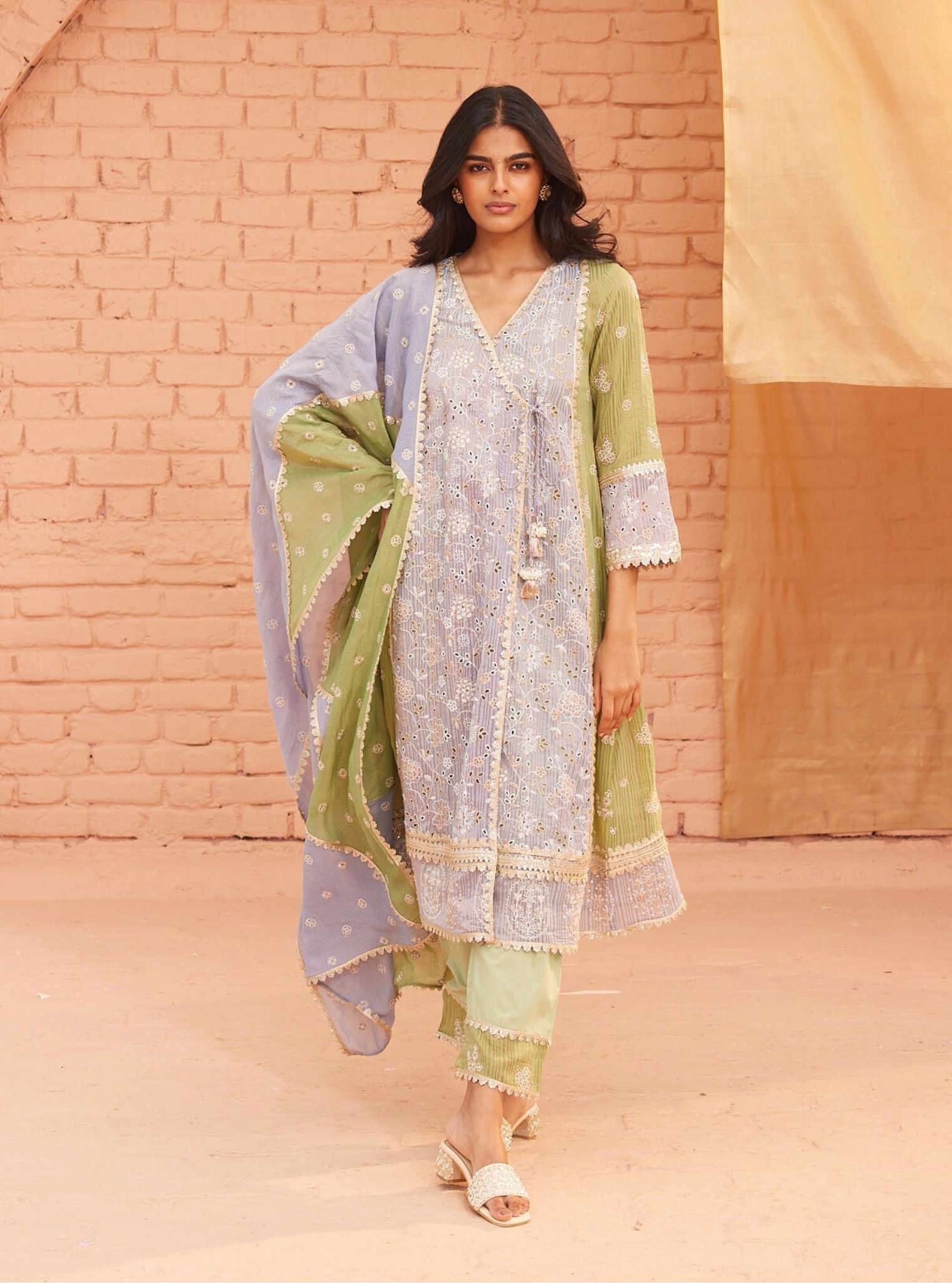 Mulmul Banarsi Vanessa Blue Anarkali Kurta With Mulmul Cotton Vanessa Blue Pant