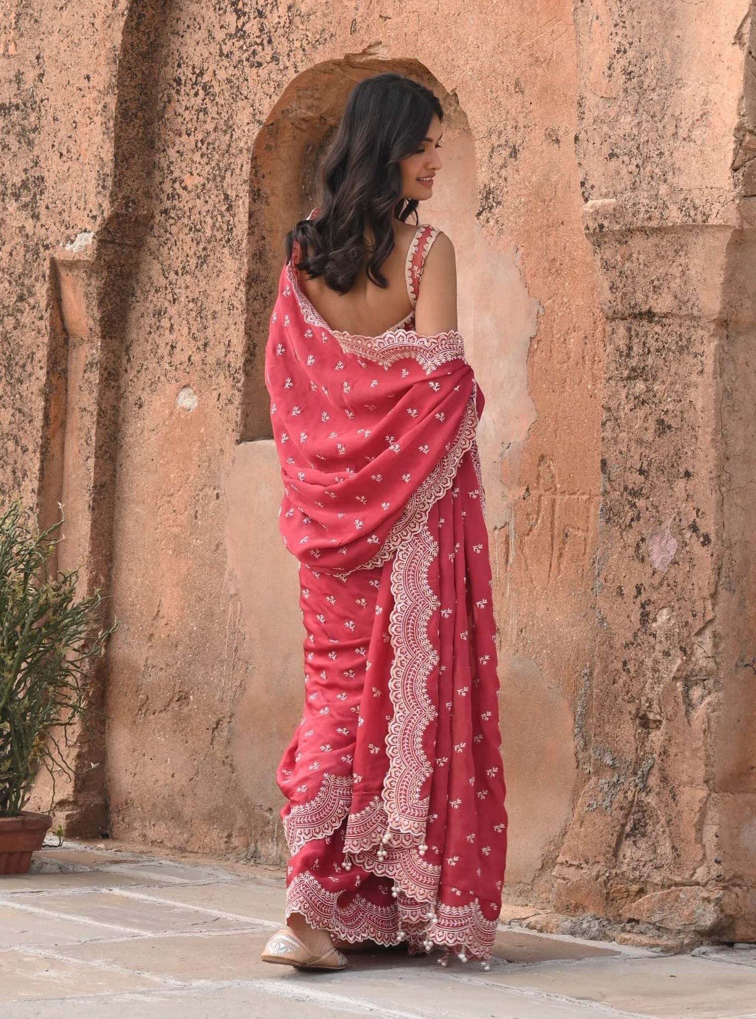 Mulmul Organza Satin Bindiya Red Saree