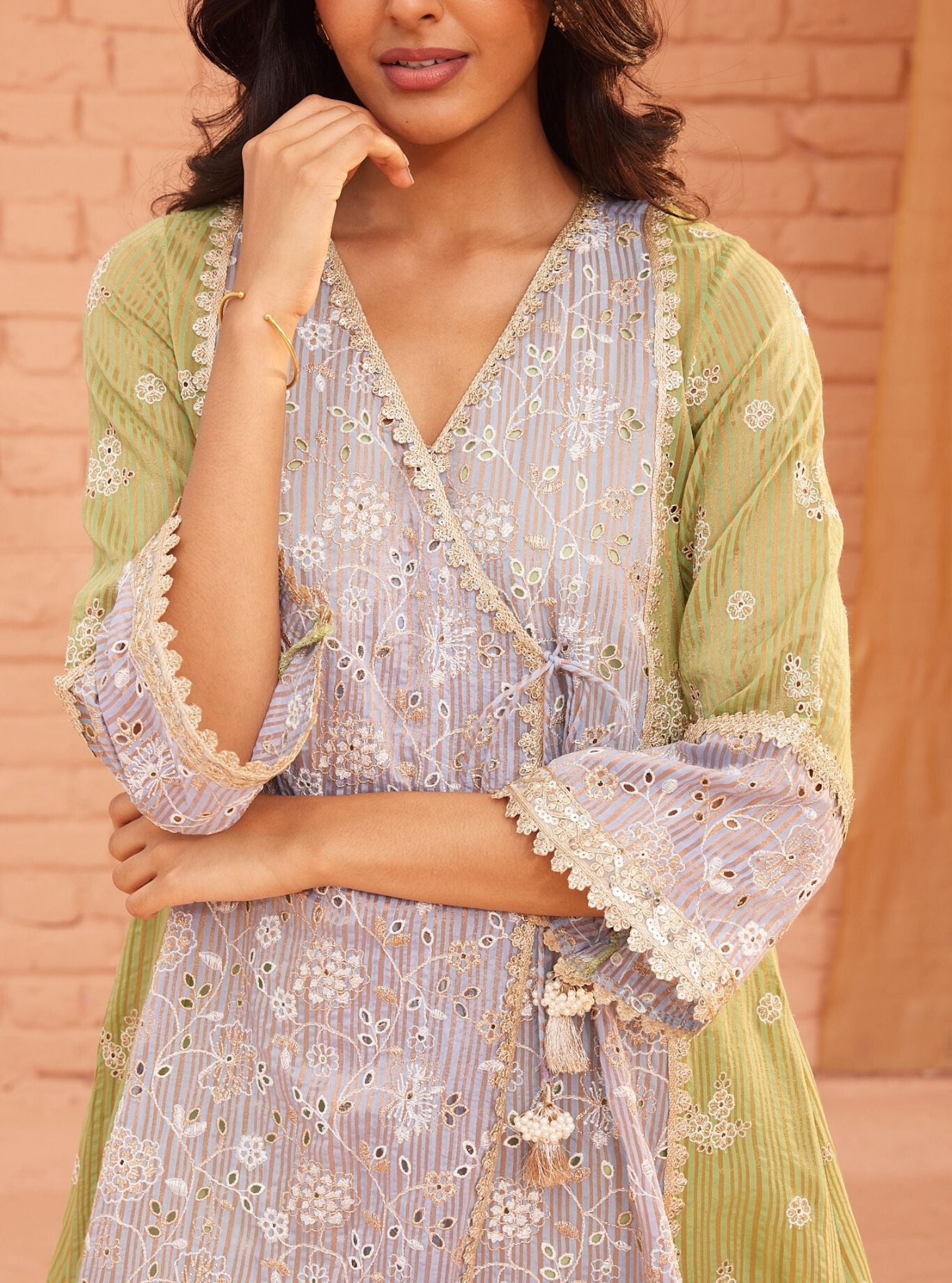 Mulmul Banarsi Vanessa Blue Anarkali Kurta With Mulmul Cotton Vanessa Blue Pant