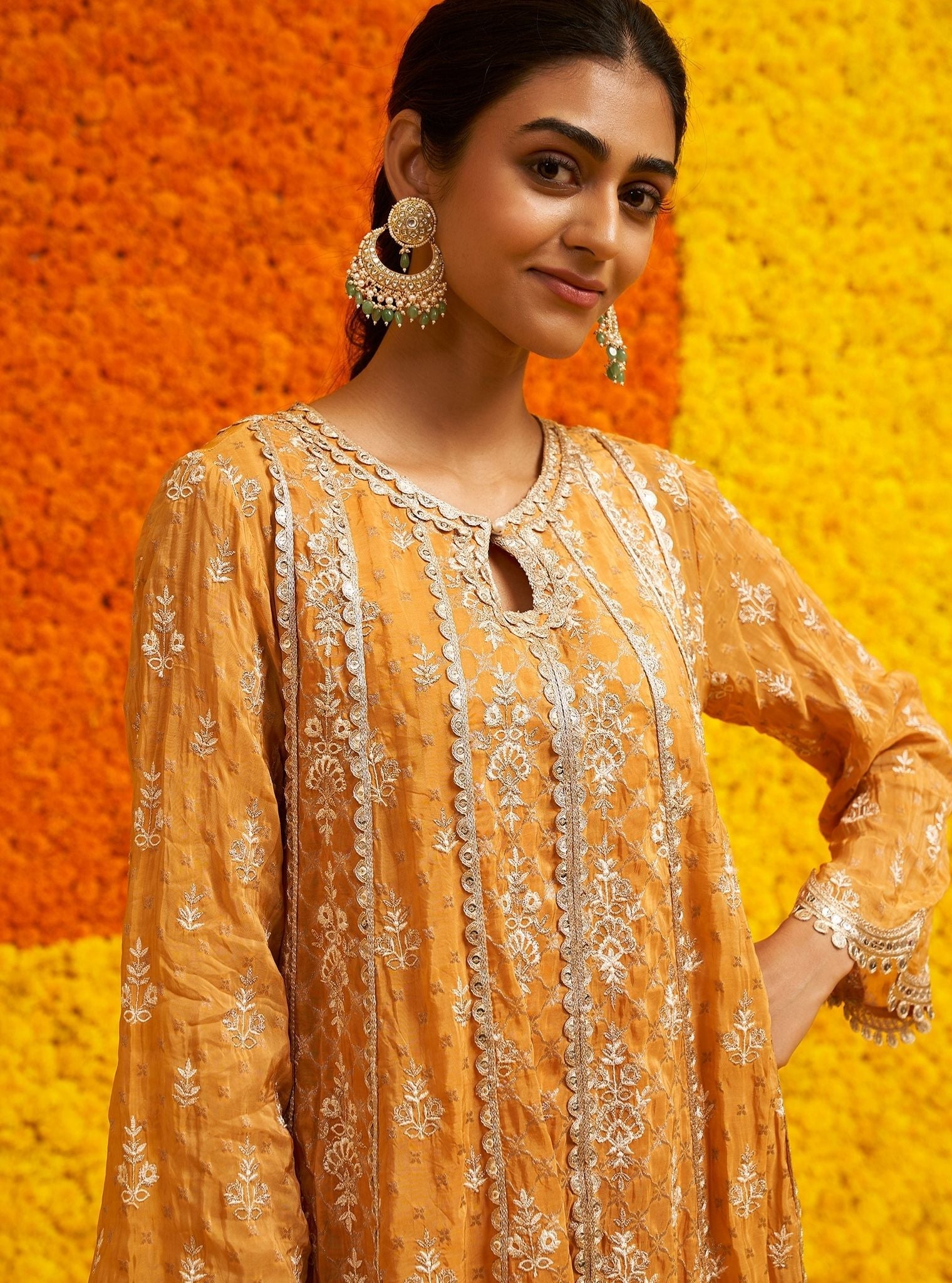 Mulmul Banarsi Chalka Mustard Anarkali Kurta With Mulmul Banarsi Chalka Mustard Pant